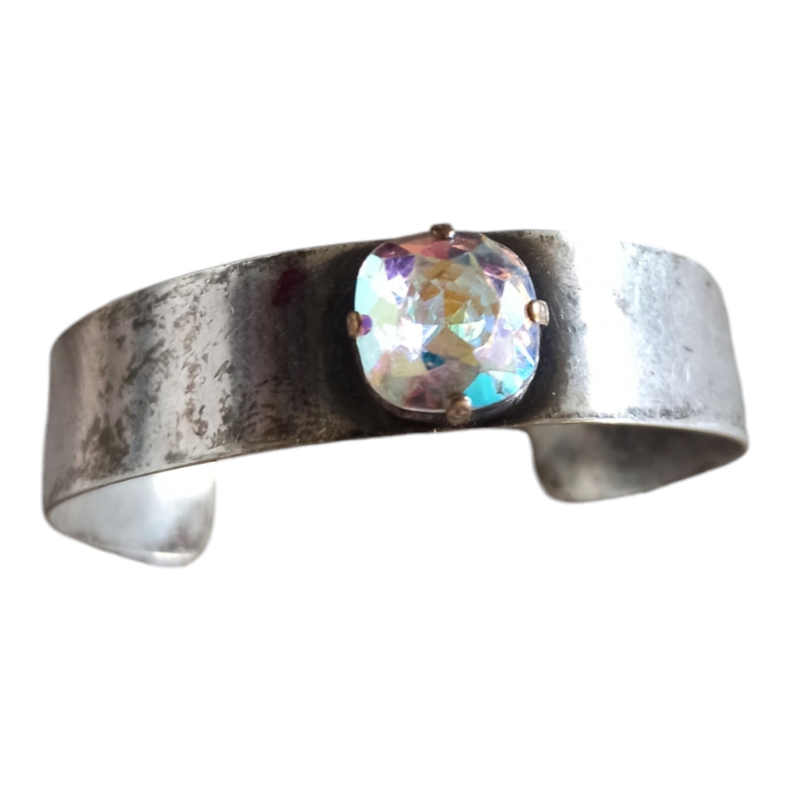 Bracelet manchette vintage aspect argenté cristal irisé ? bijou rétro fantaisie