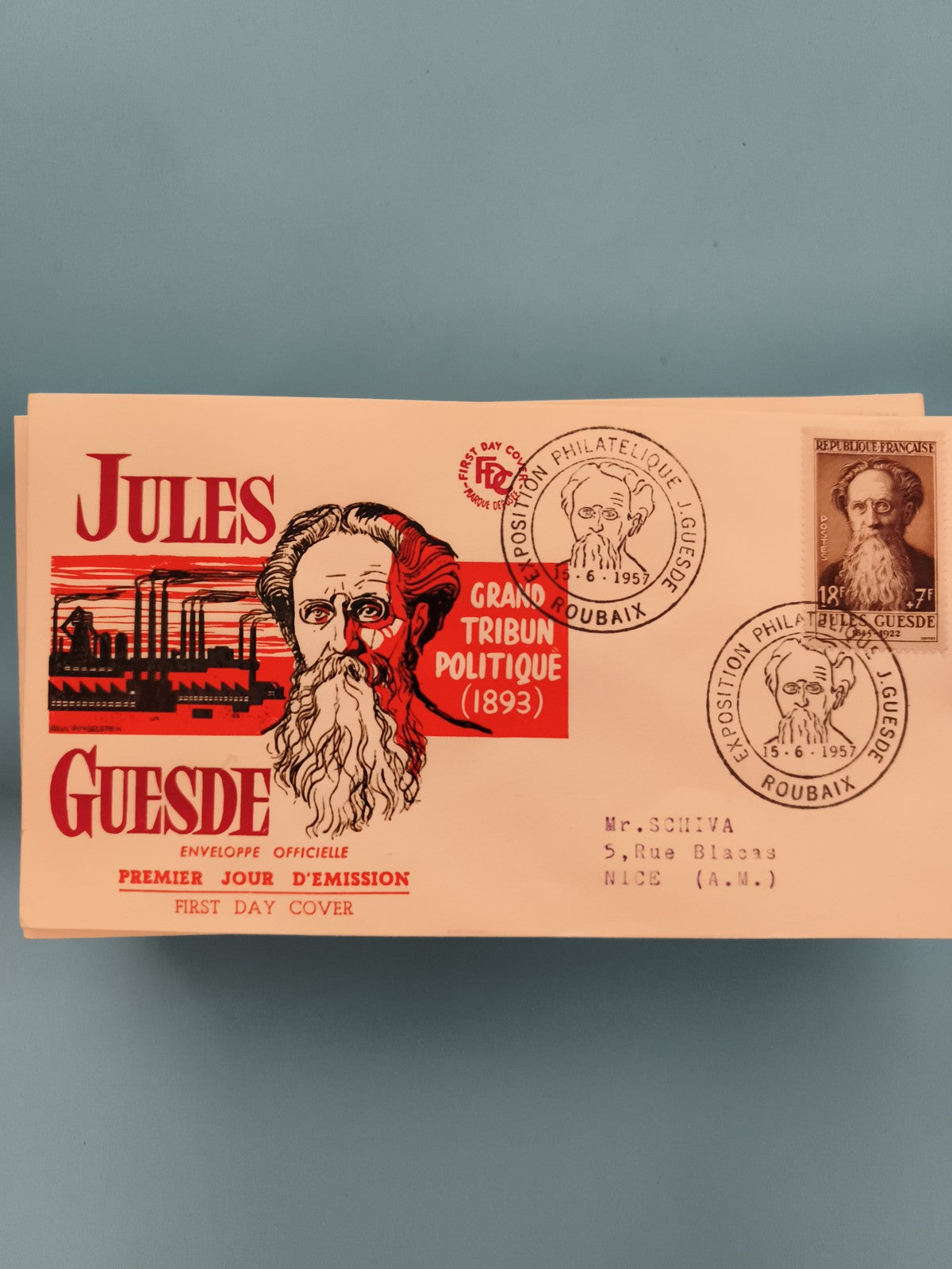 Enveloppe Premier Jour Jules Guesde 1957 FDC timbre 18F exposition philatélie