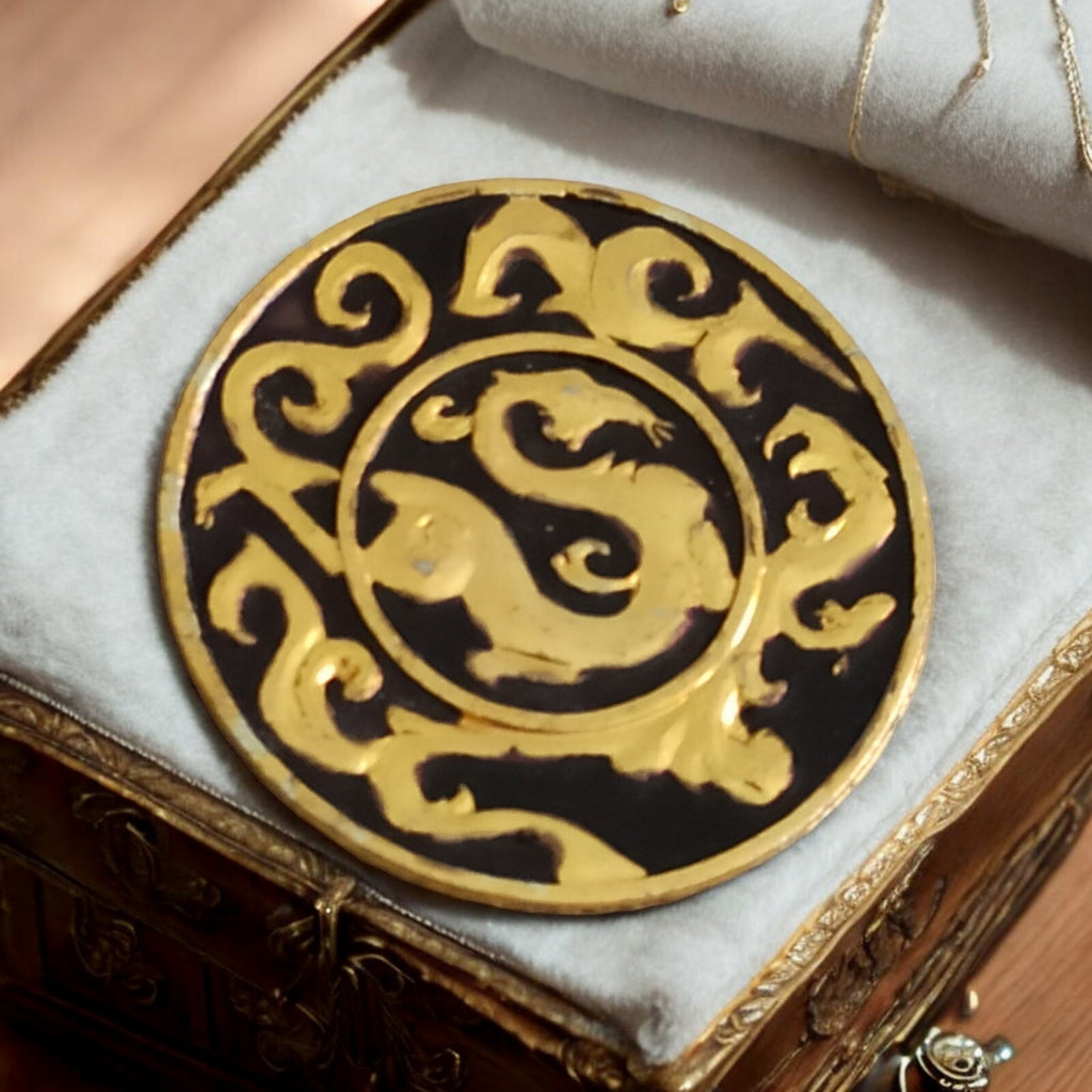 Broche ronde dragon doré style chinois Xi'an musée décor noir or