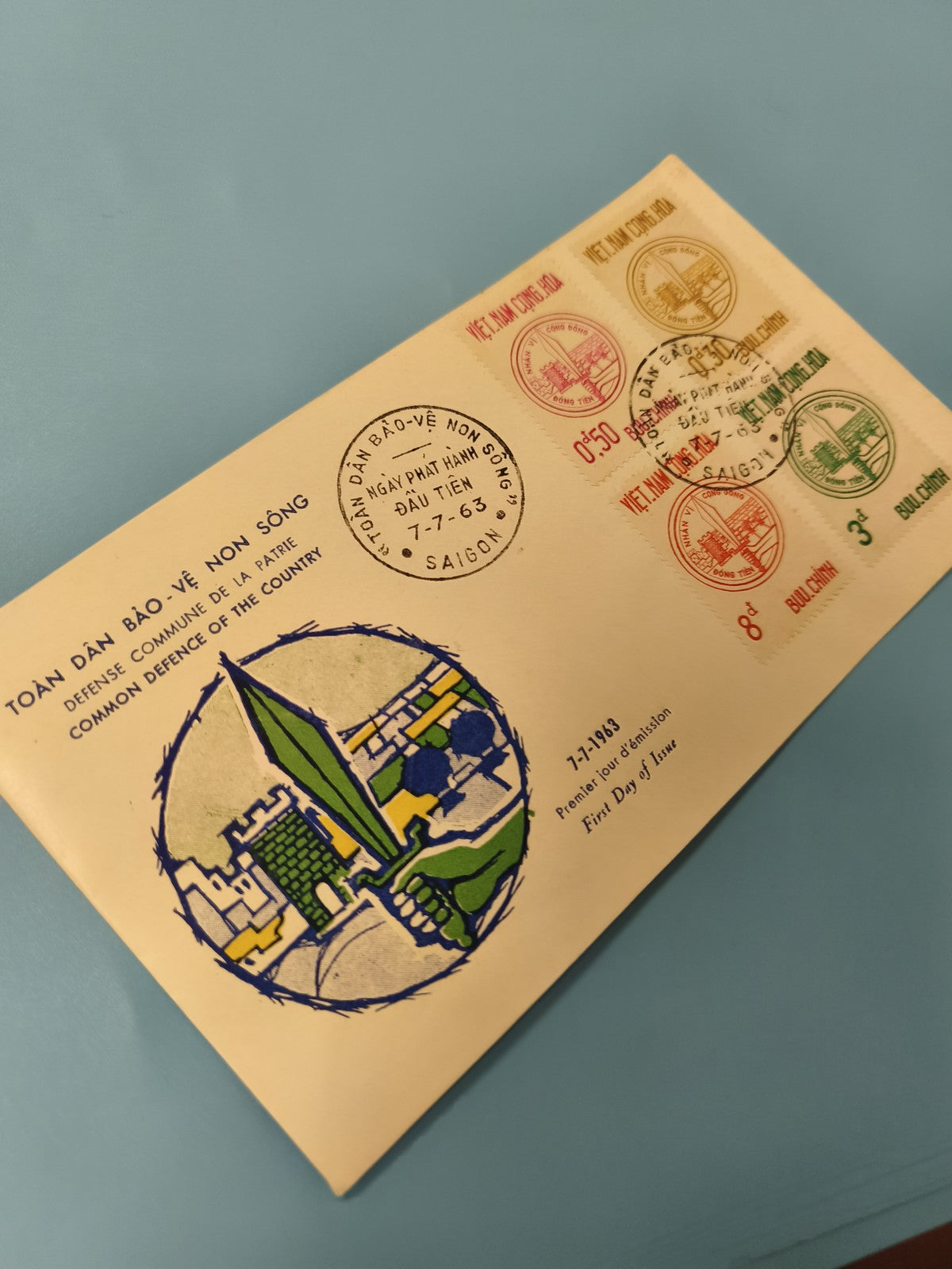 Ancienne enveloppe FDC Vietnam 1963, timbres premier jour, défense patrie