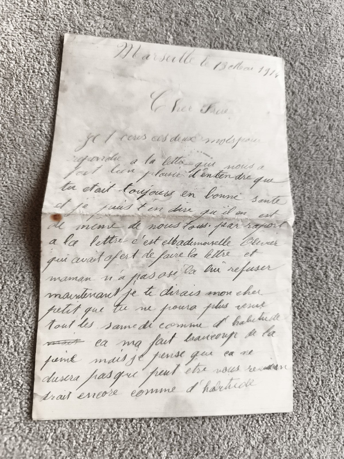 Lettre manuscrite ancienne 1914 Marseille WW1 première guerre papier encre