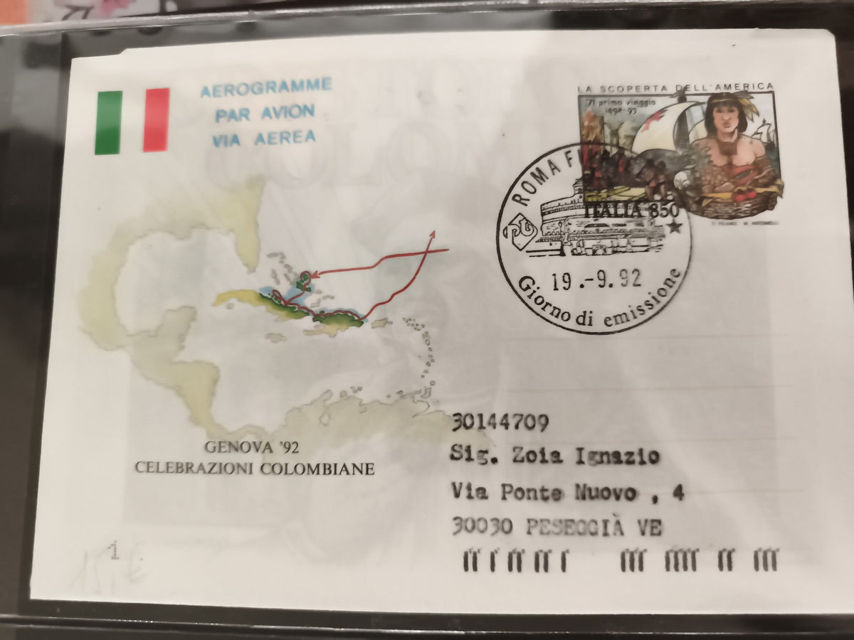 Lettre premier jour Italie 1992 Genova célébrations colombiennes timbre La Scope