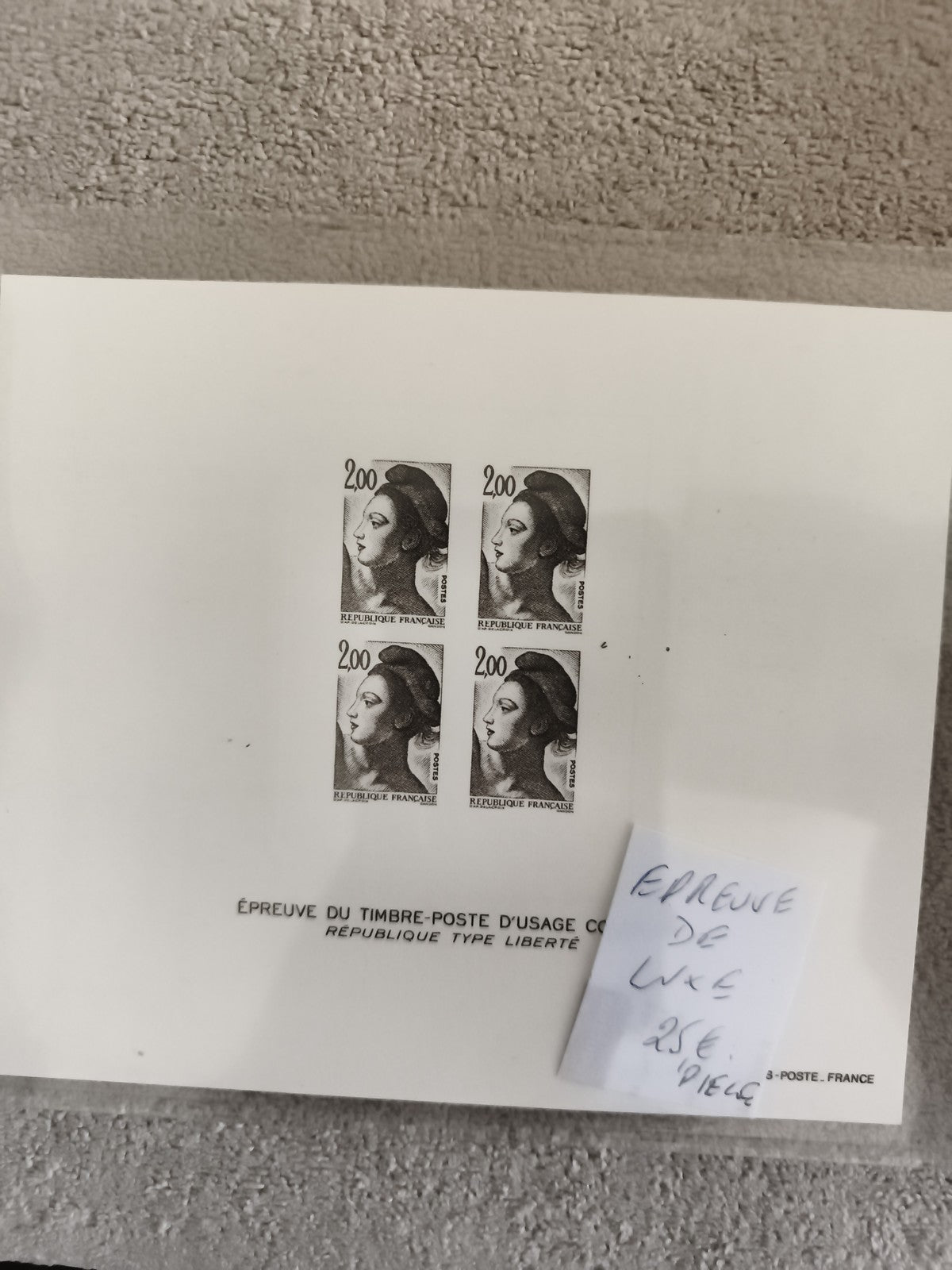Épreuve de timbre-poste Liberté 2,00 F France, bloc de 4, philatélie luxe