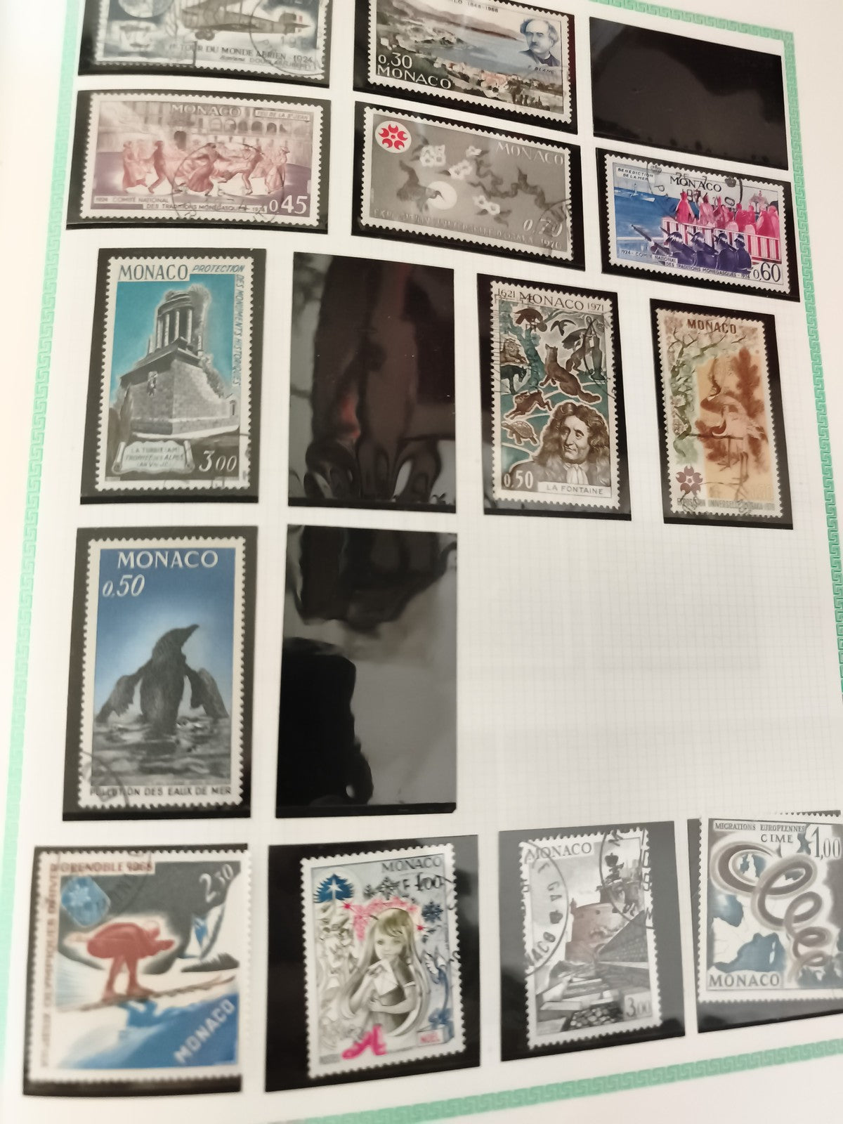 Timbres Monaco oblitérés thématiques animaux, monuments, La Fontaine philatélie