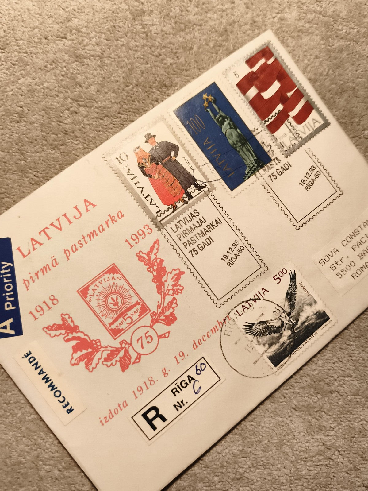 Lettre premier jour Lettonie 1993 timbres commémoratifs Riga philatélie (Ref 8)