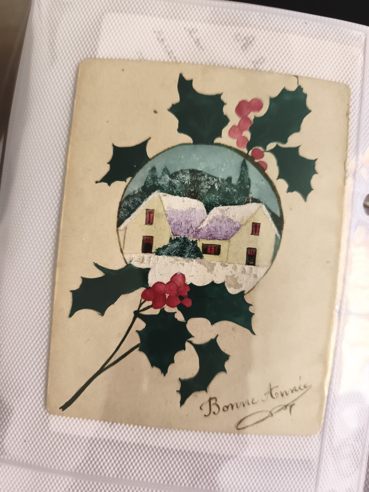 Carte postale ancienne Bonne Année houx neige illustration vintage