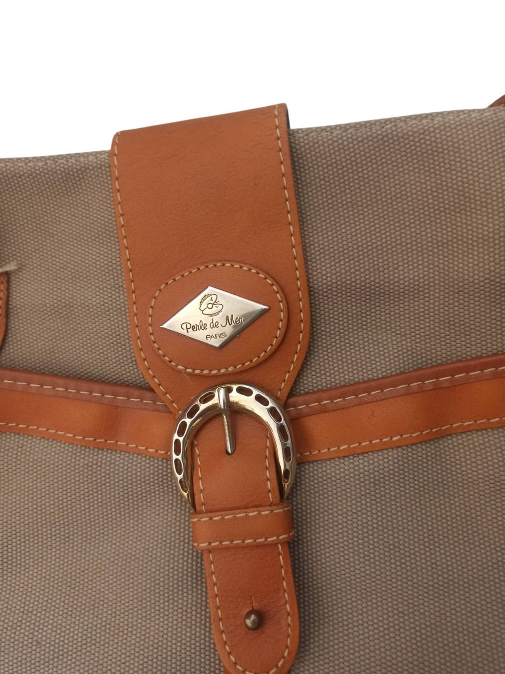 Sac cabas Perle de Mer vintage toile & cuir beige marron élégant