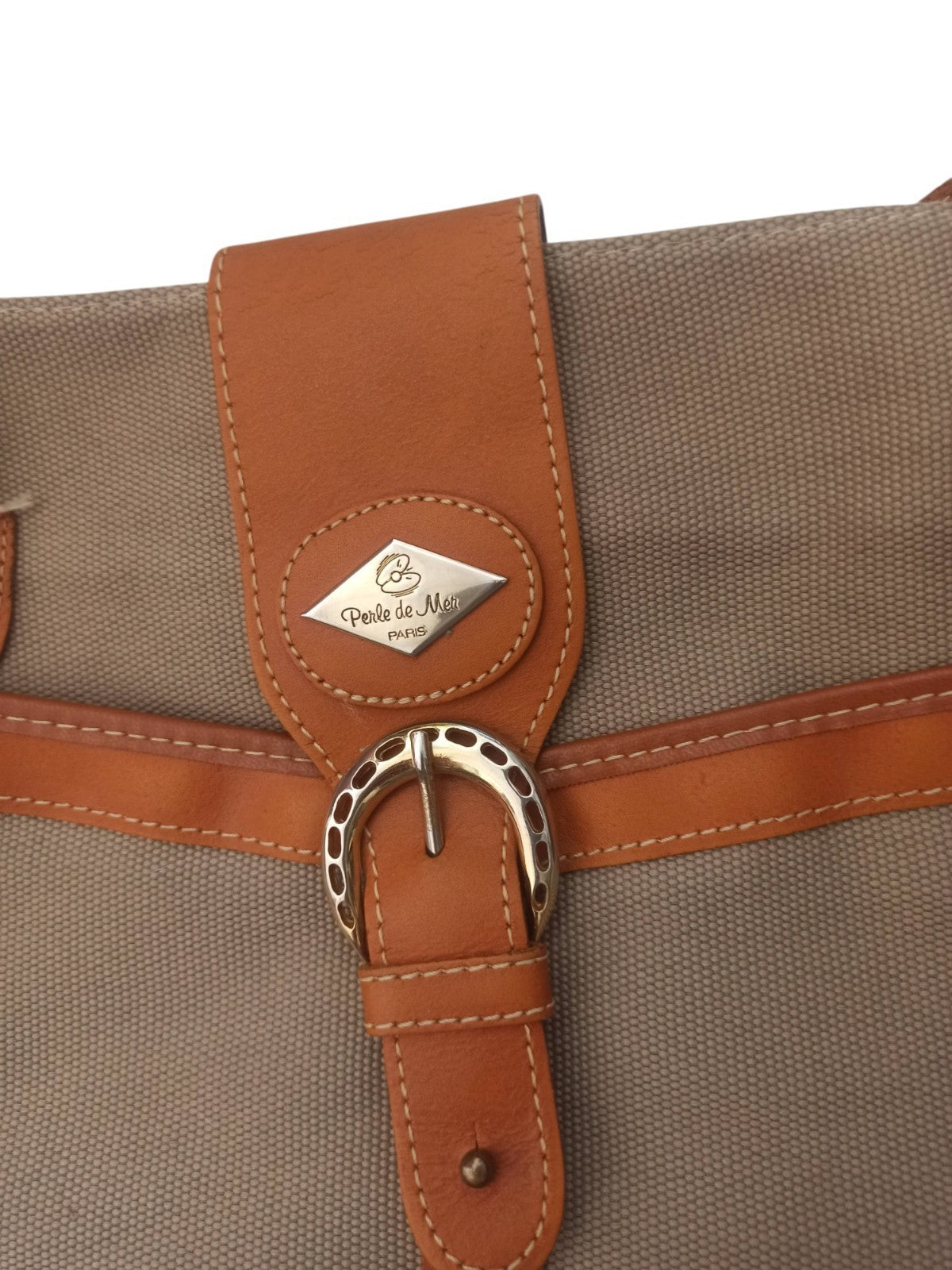 Sac cabas Perle de Mer vintage toile & cuir beige marron élégant