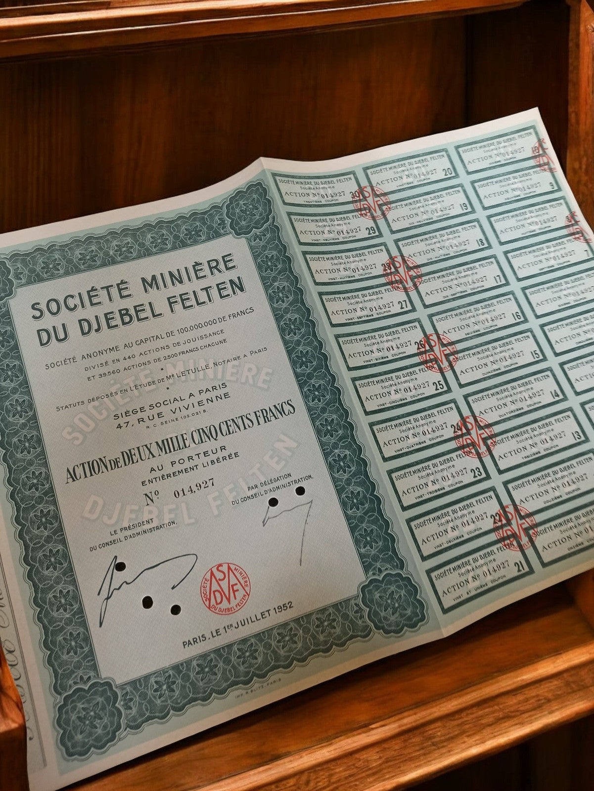 Action ancienne Société Minière Djebel Felten 1952, document collection rétro