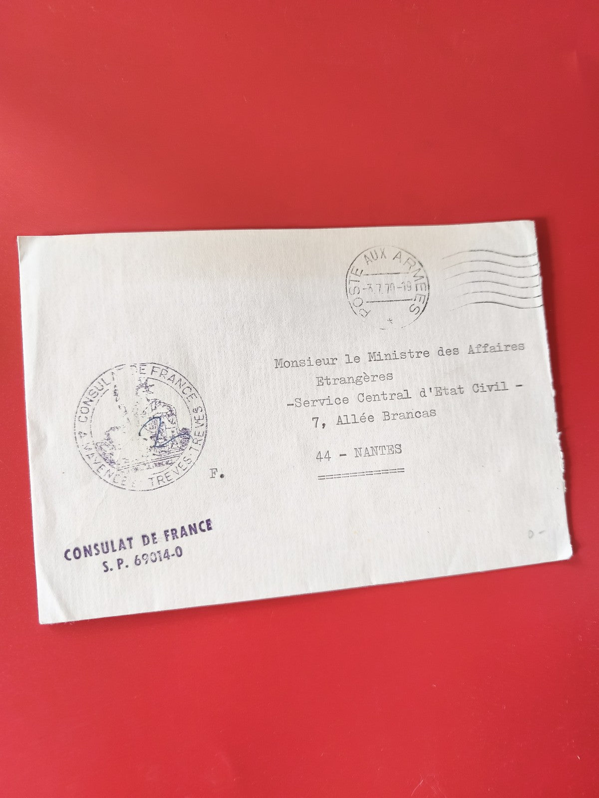 Enveloppe philatélie Consulat de France cachet Poste aux Armées Nantes