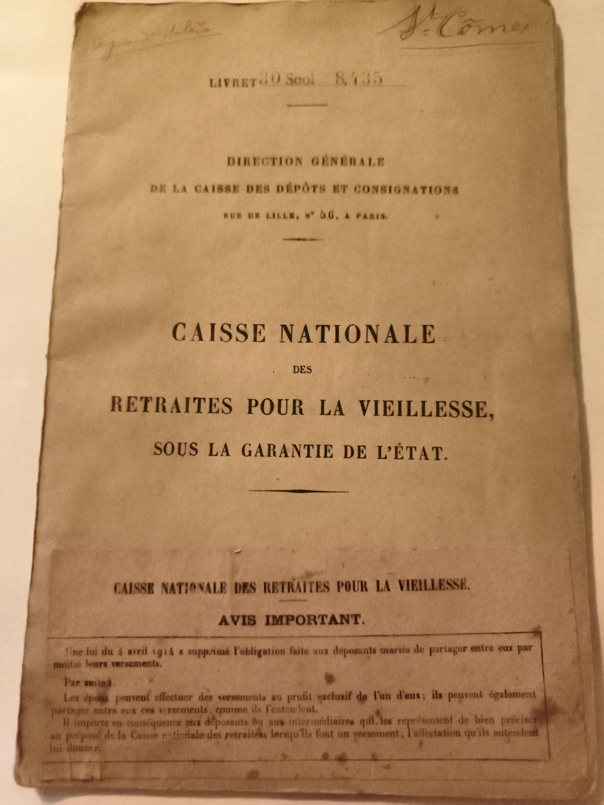 Livret ancien Caisse Nationale Retraites Vieillesse état garanti document 1910s