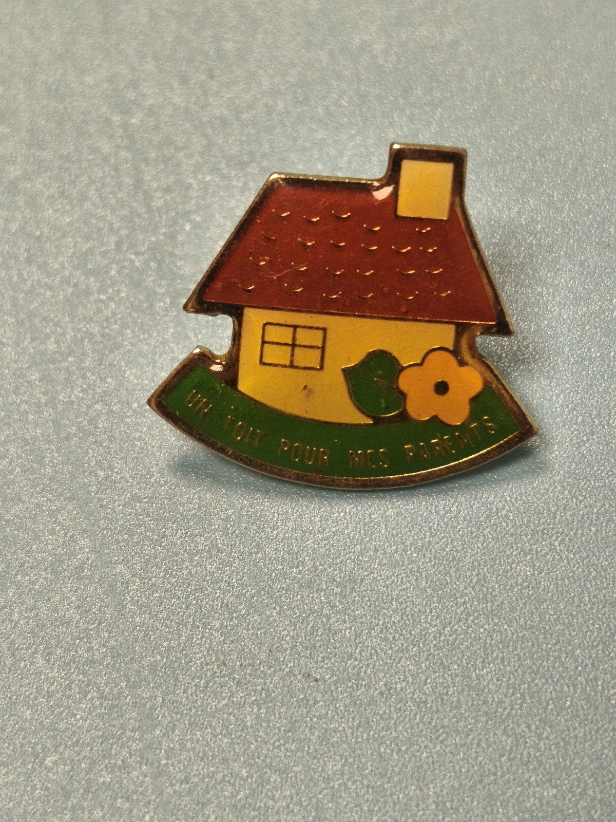Vintage pin's maison "Un toit pour mes parents" émaillé, motif fleur, collection