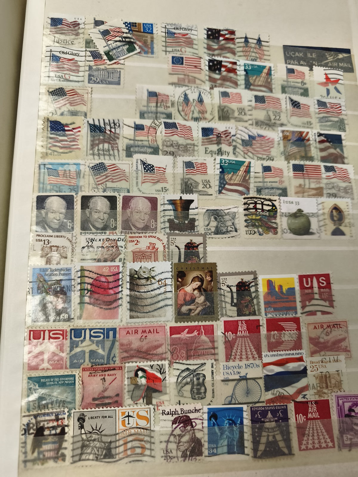 Lot de timbres USA oblitérés, drapeaux américains, personnalités, divers motifs
