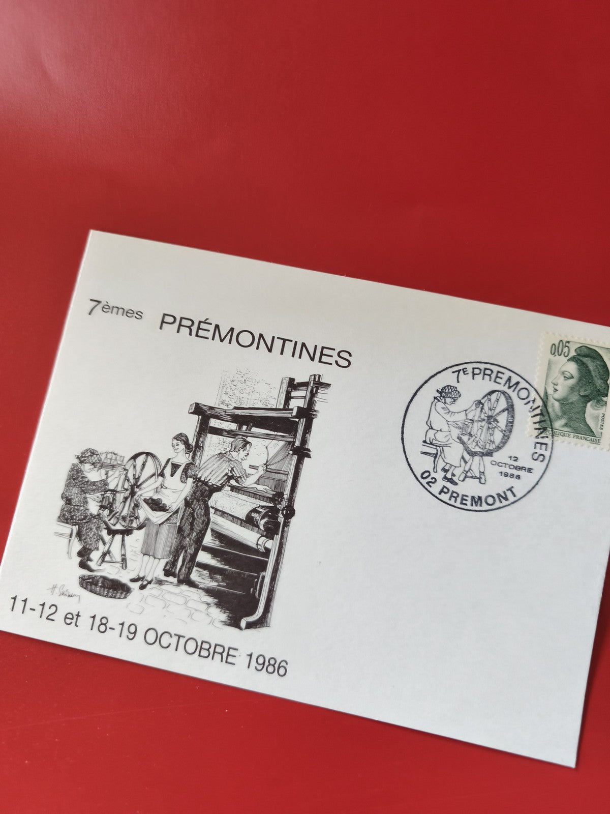 Carte postale philatélie 7èmes Prémontines 1986 oblitérée illustration métiers