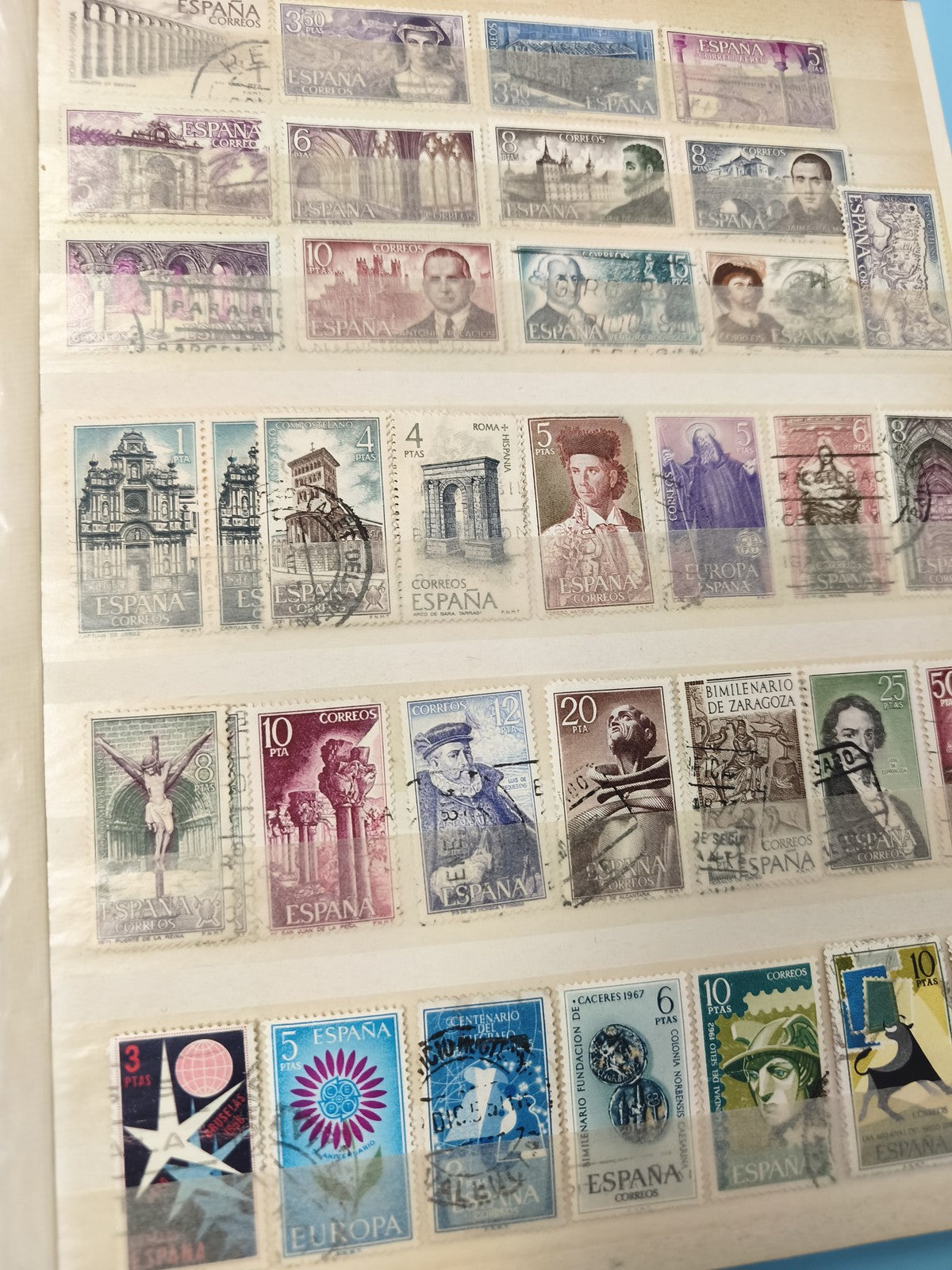 Lot anciens timbres oblitérés Espagne, motifs architectures et portraits vintage