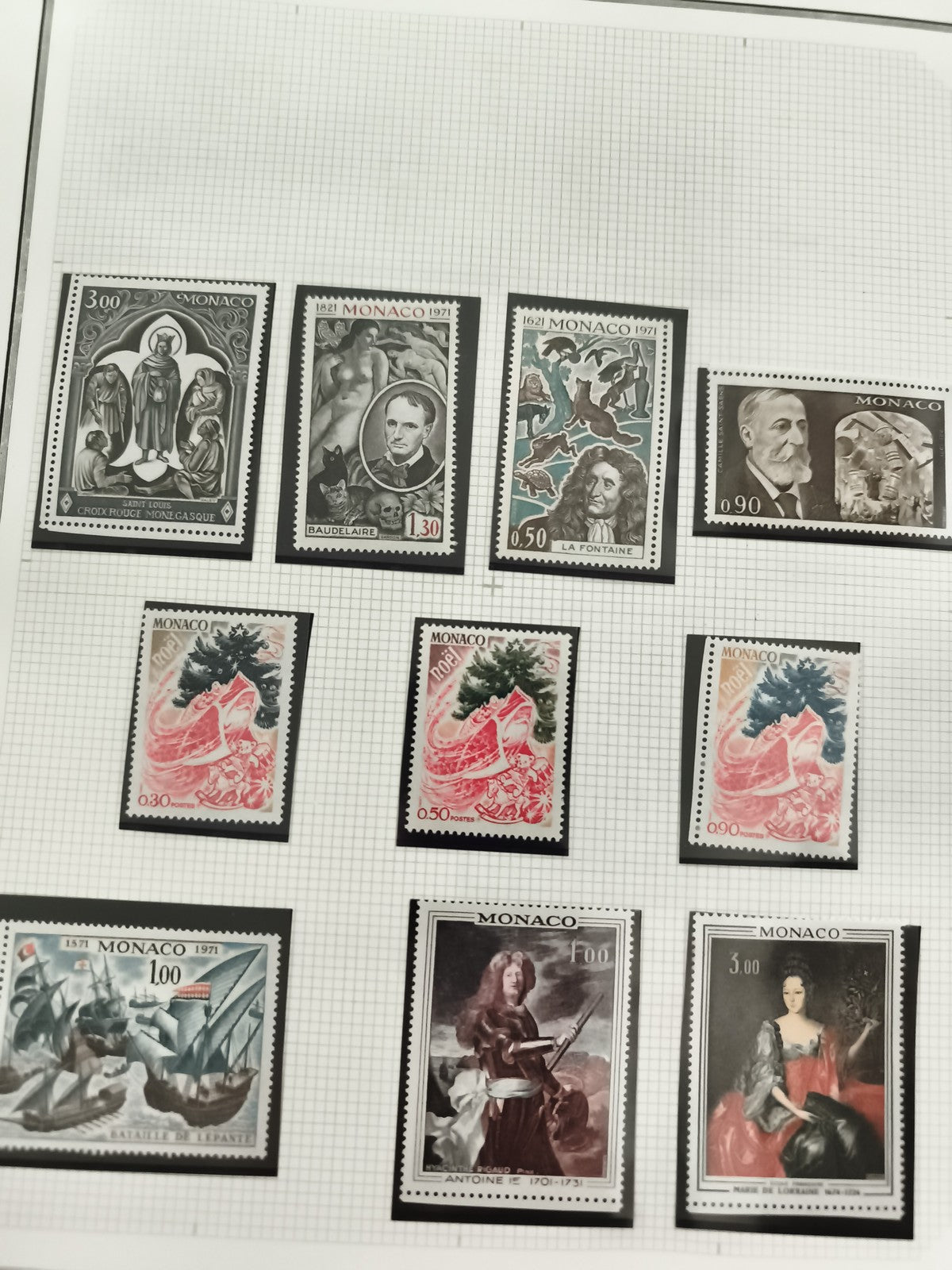 Timbres MONACO thématiques Baudelaire La Fontaine Croix-Rouge 1971 lot philatéli