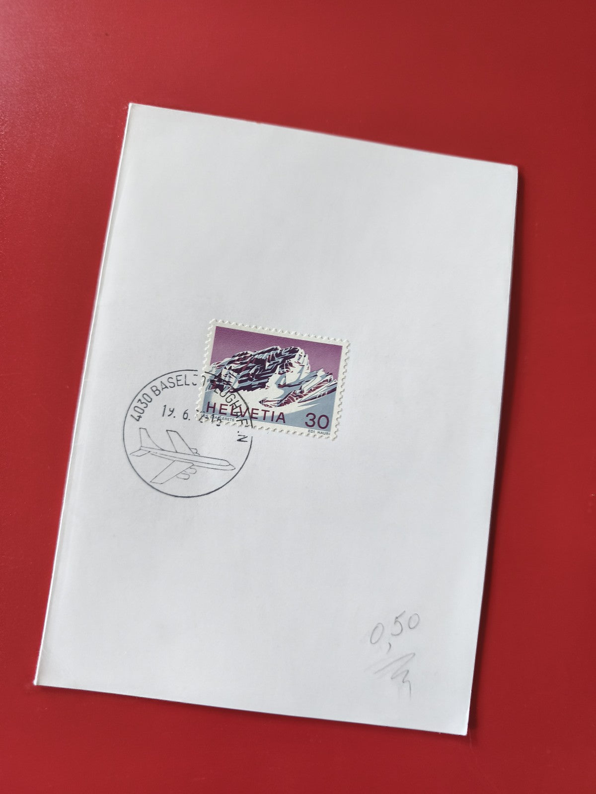 Carte postale philatélie Suisse Helvetia timbre avion oblitéré montagne