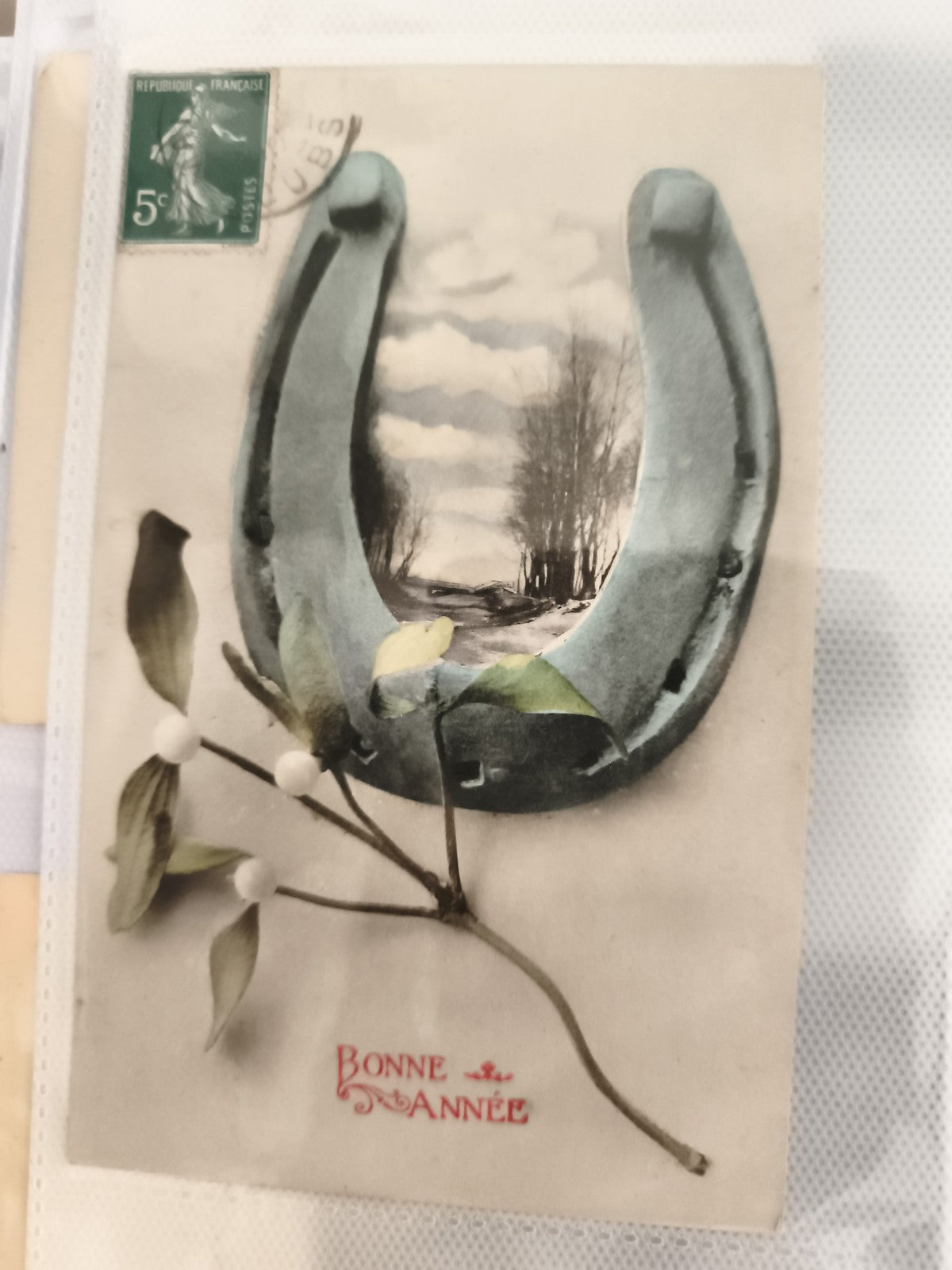 Carte postale ancienne Bonne Année fer à cheval gui timbre 5c France CPA