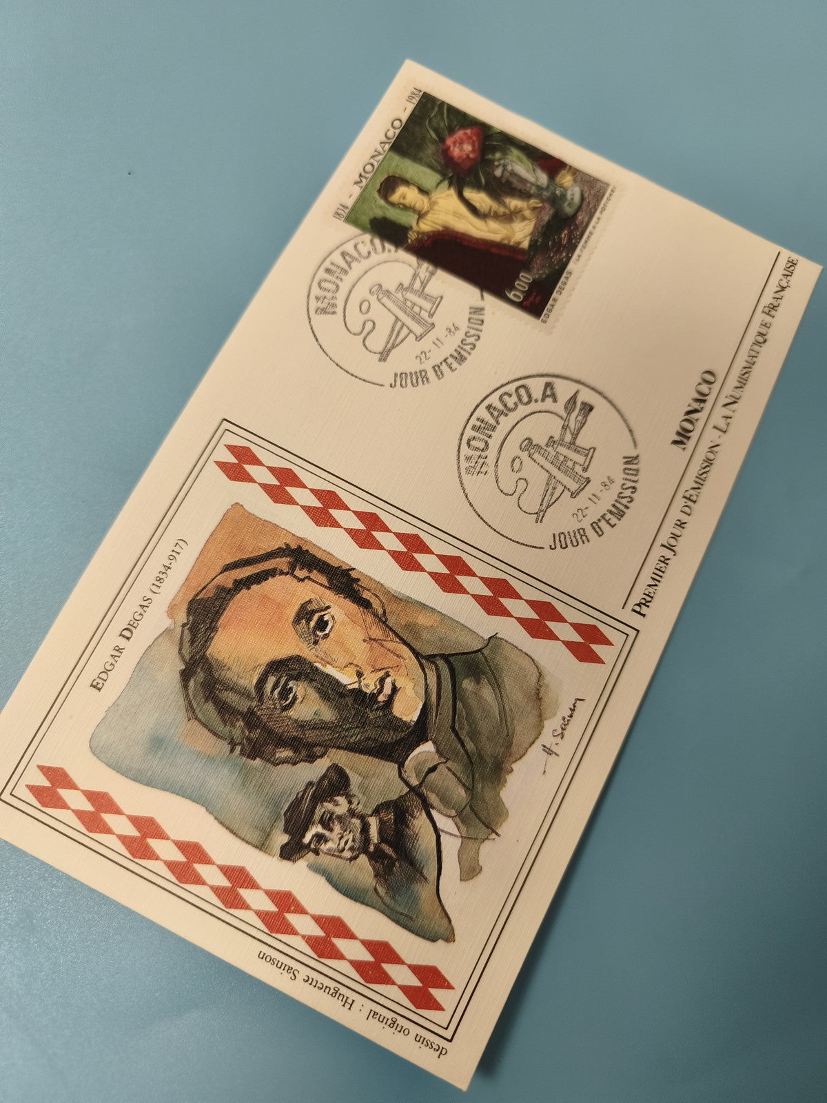 Enveloppe 1er jour Monaco Edgar Degas avec timbre illustré sur fond bleu FDC