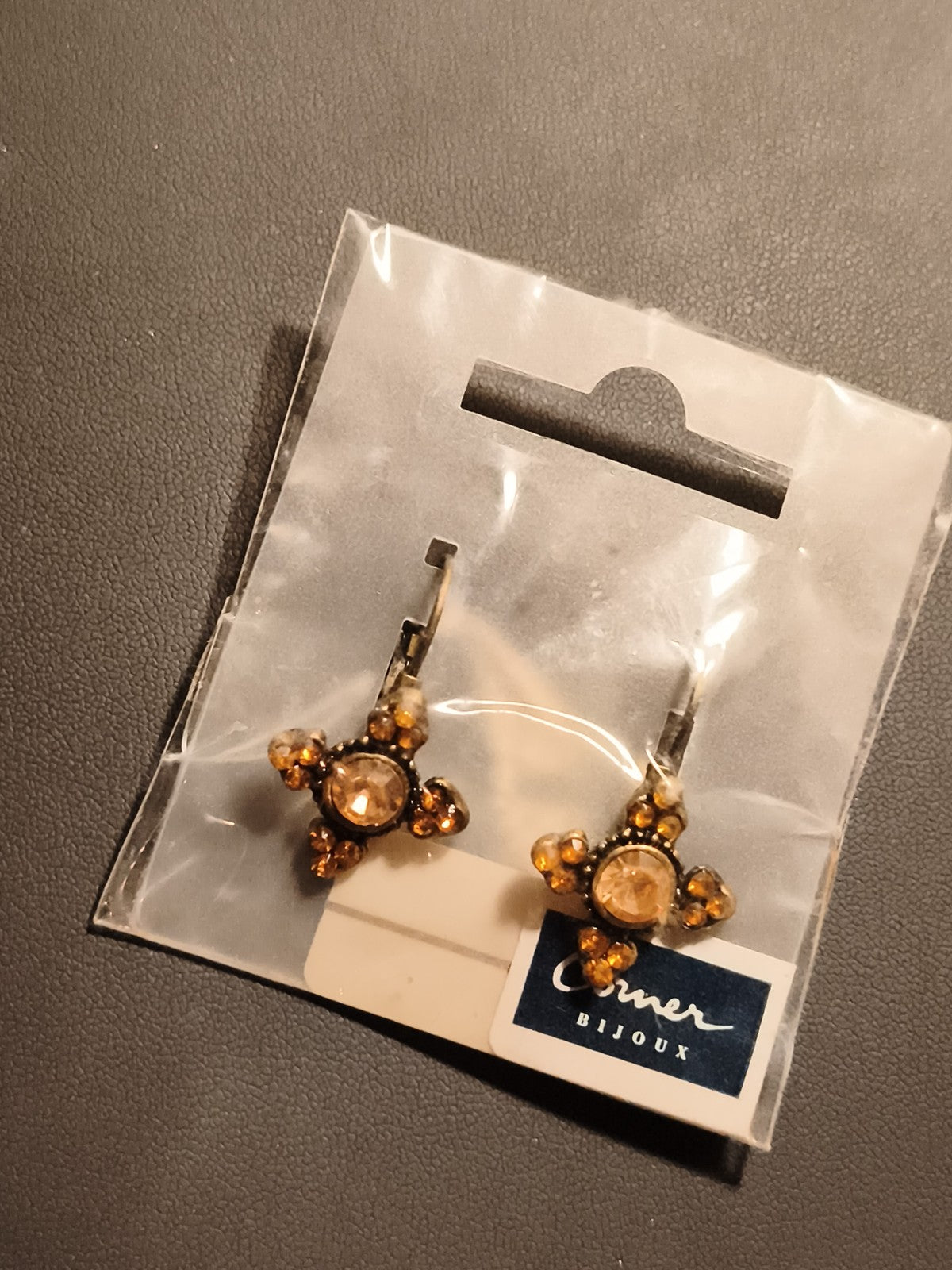 Boucles d’oreilles vintage Omer Bijoux clips, strass ambrés, deadstock ancien