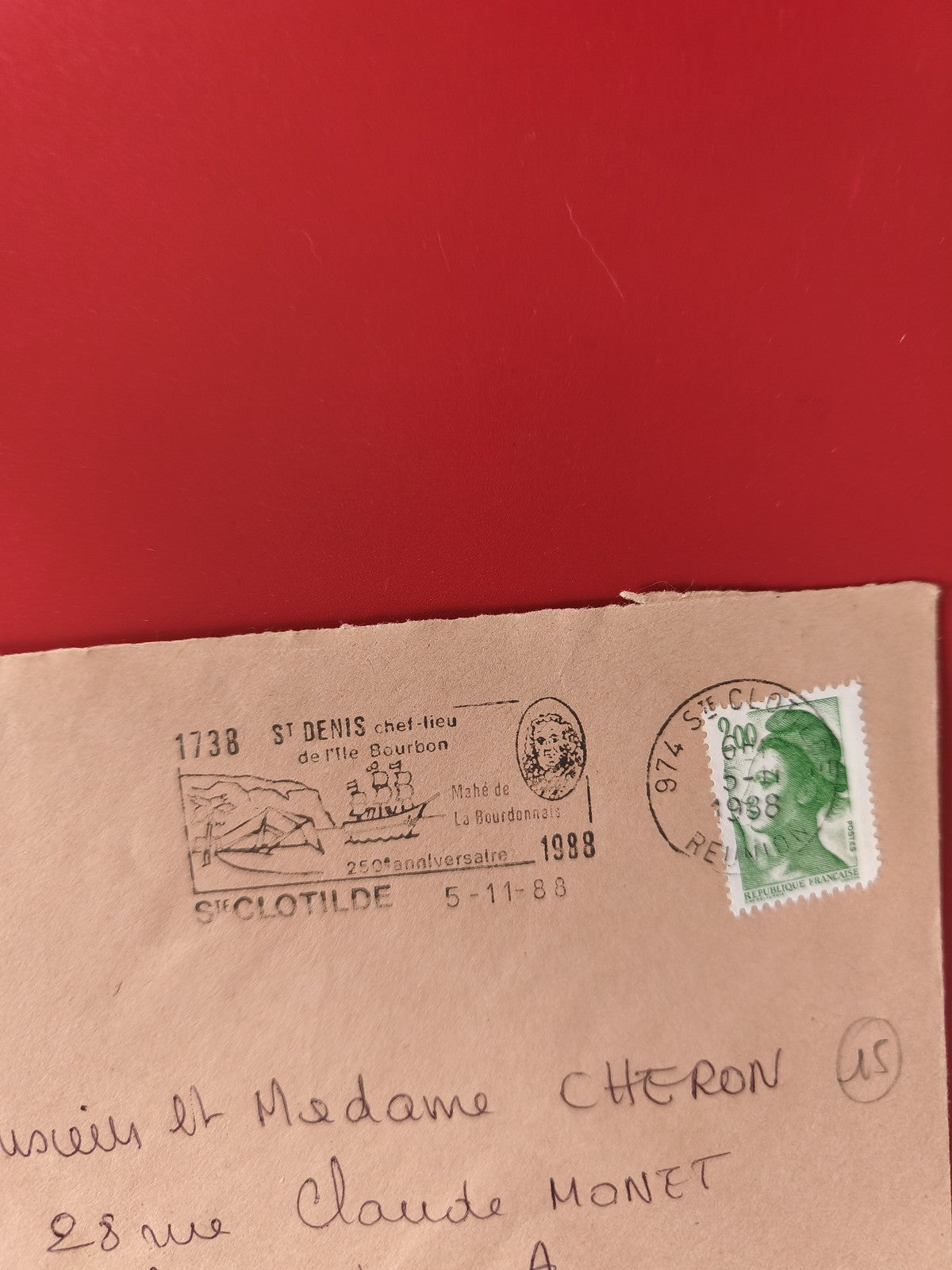 Enveloppe philatélie oblitérée 1988 St Denis La Réunion timbre Marianne vert