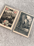 2 anciens billets illustrés notgeld 50, motifs château et architecture vintage