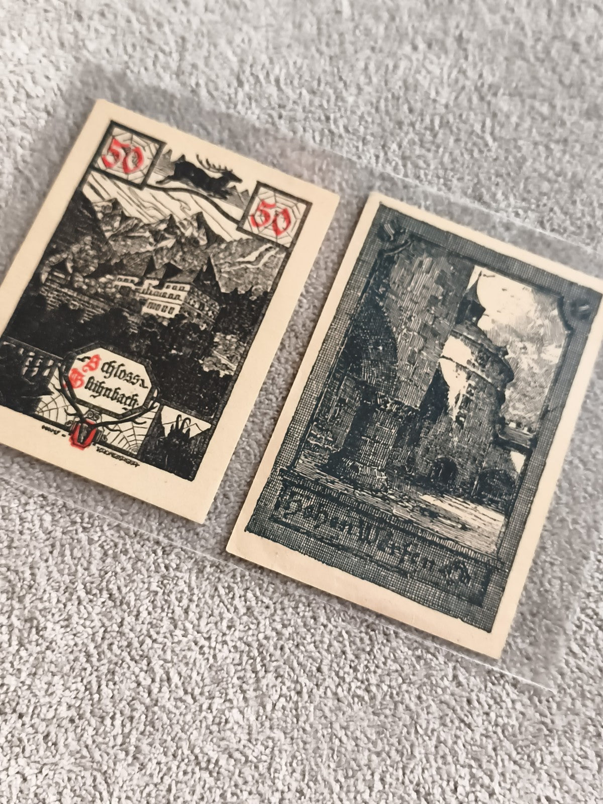 2 anciens billets illustrés notgeld 50, motifs château et architecture vintage