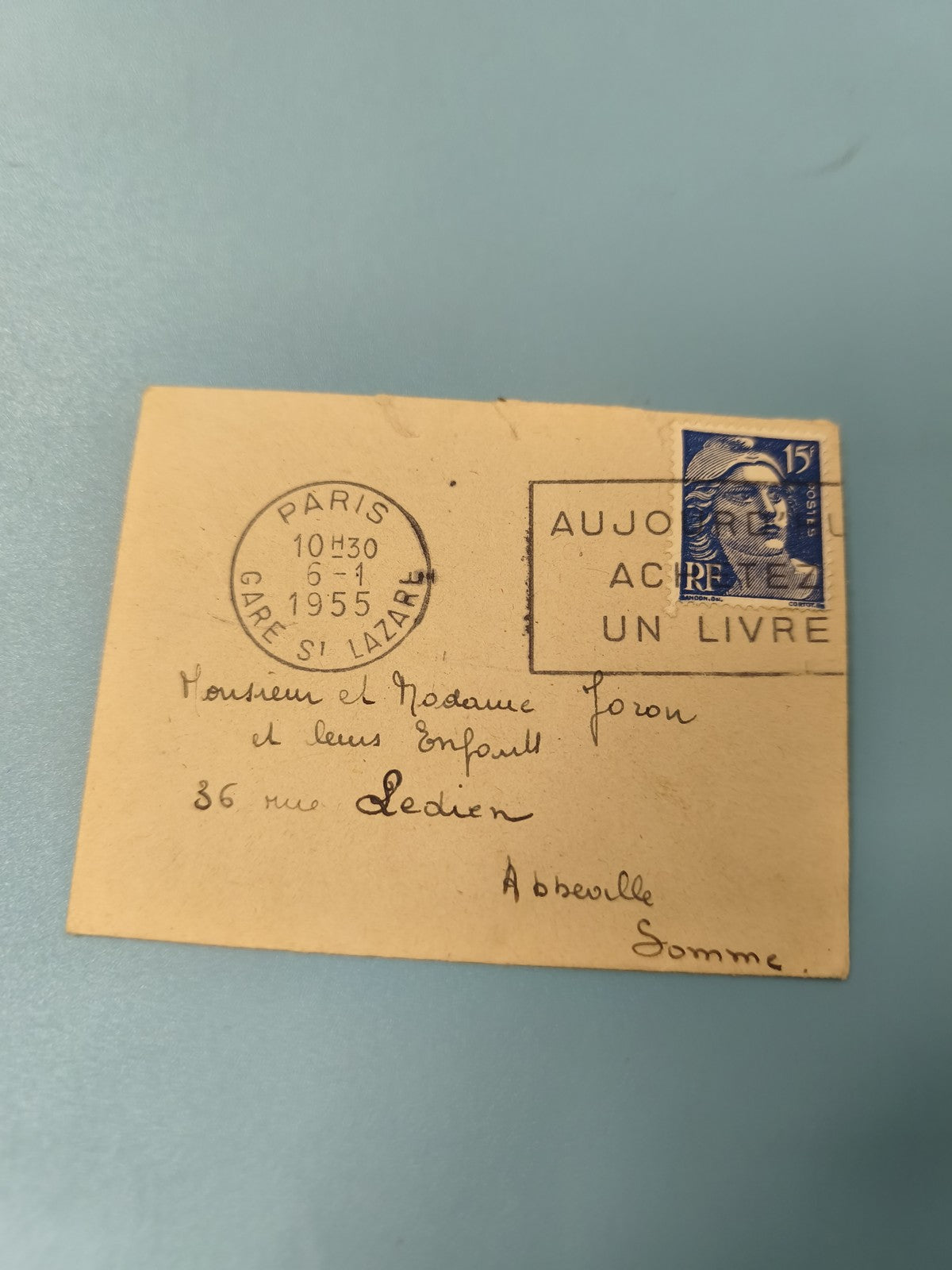 Ancienne enveloppe oblitérée 1955 philatélie timbre Marianne bleu Paris rare