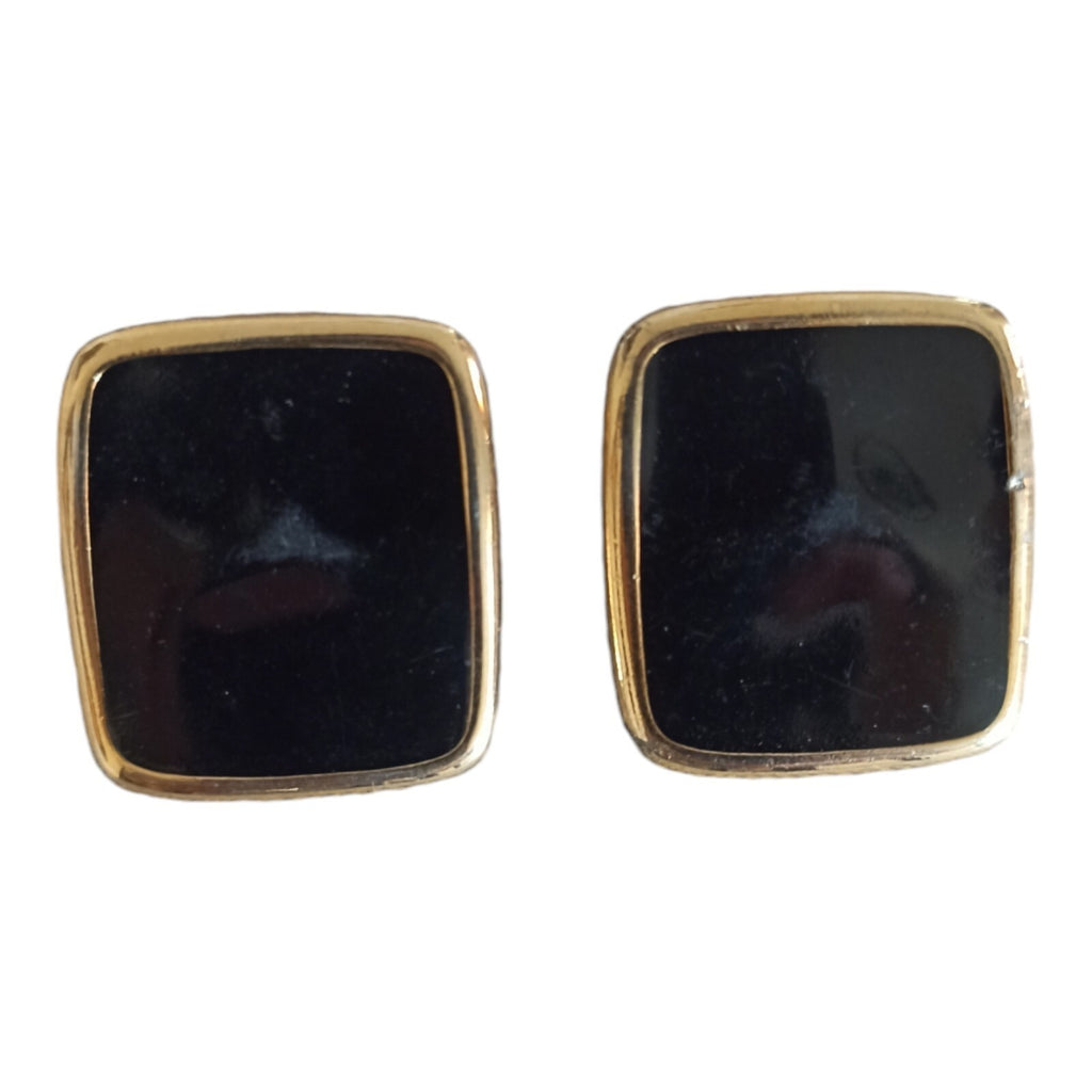 Boucles d’oreilles Monet vintage carré noir doré, clips signées années 80