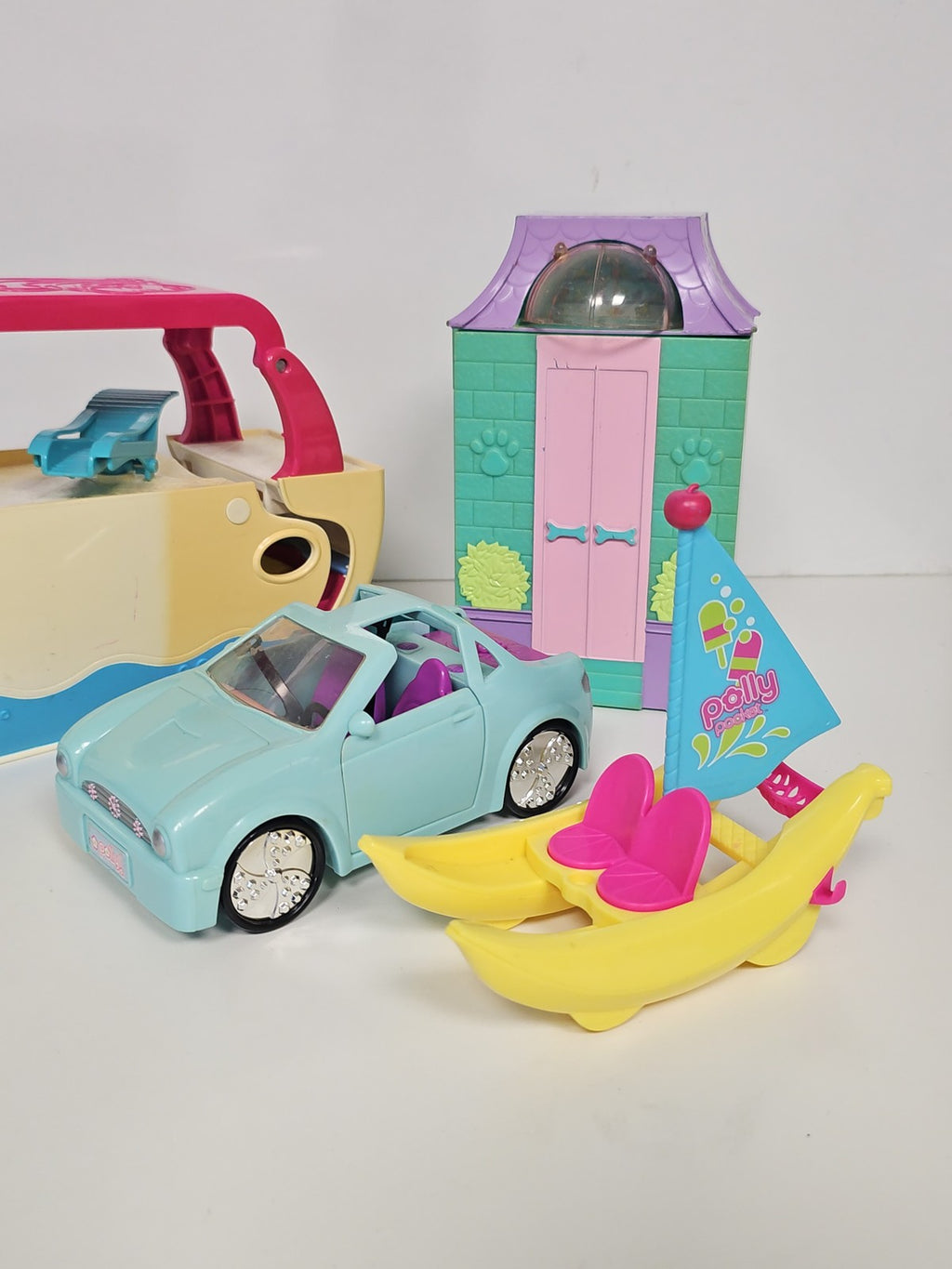 Lot Polly Pocket vintage Ultimate Party Boat, Cruiser Car, Animalerie, Banana Bo