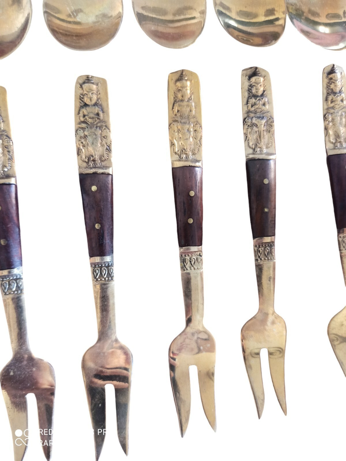 Ensemble couverts à thé ancien bronze thaïlandais, cuillères et fourchettes déco