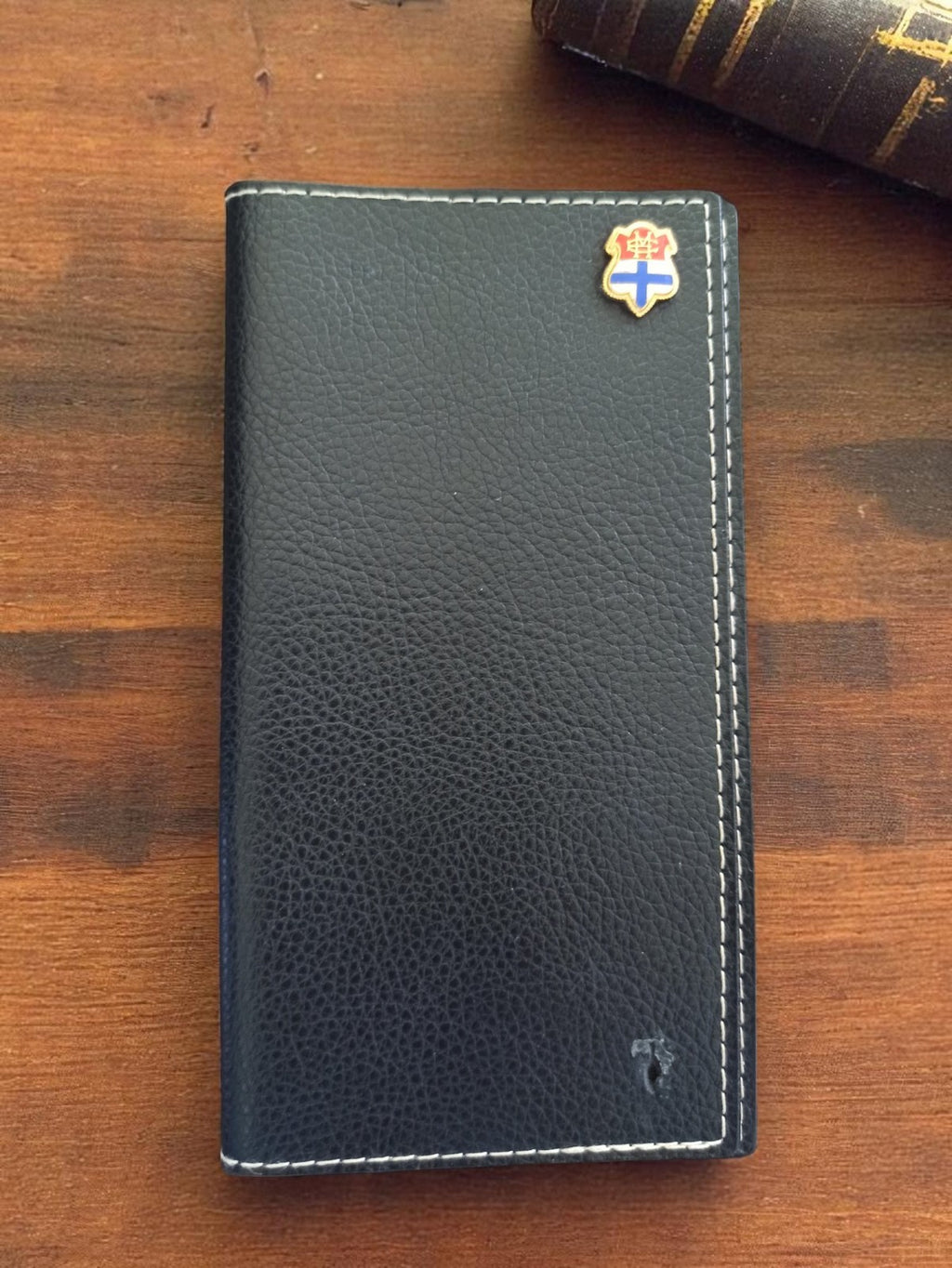 Portefeuille vintage cuir noir badge écusson rétro porte-feuille homme
