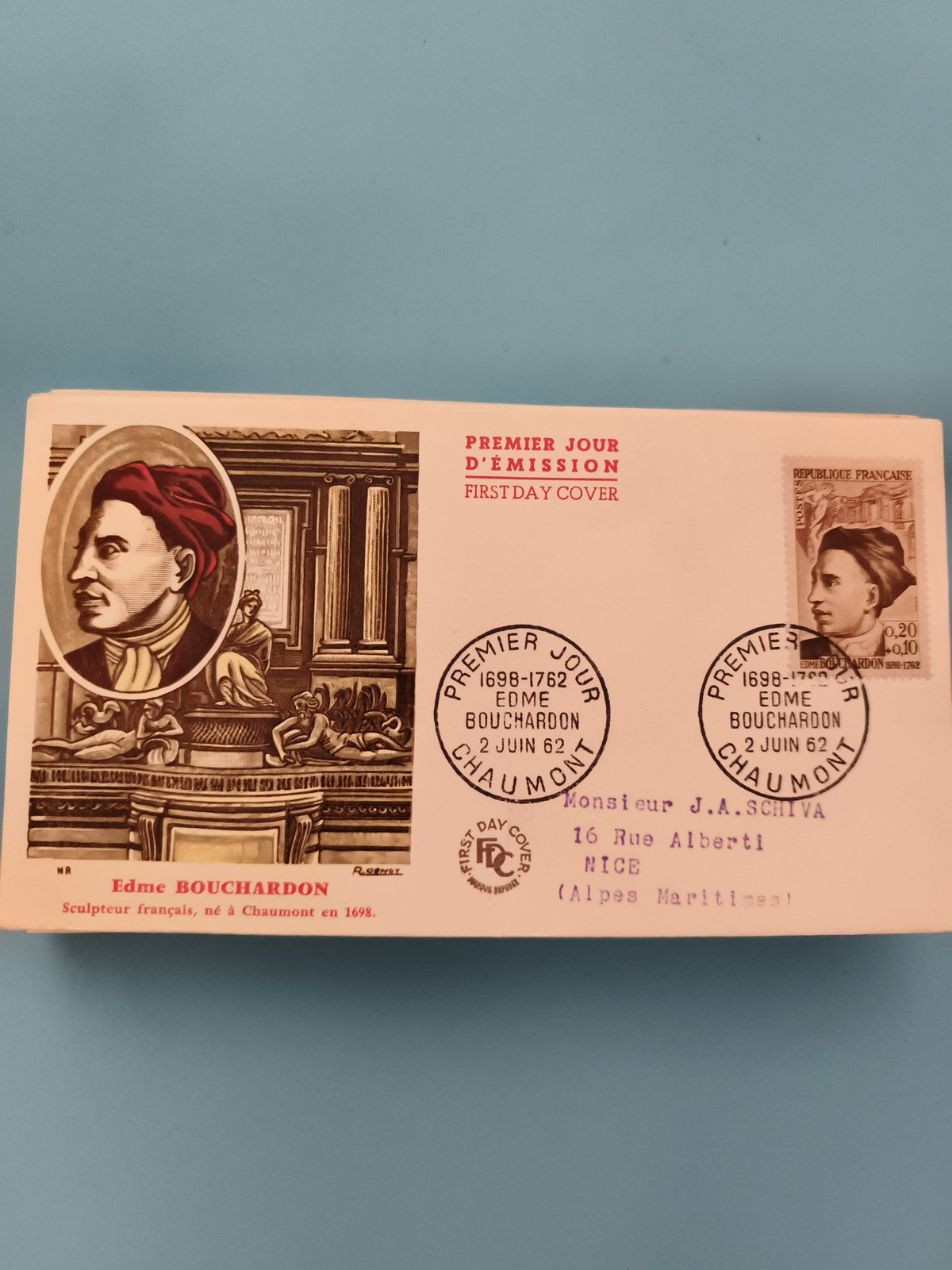 Première Jour d’Émission Edme Bouchardon 1962 enveloppe timbre France FDC philat