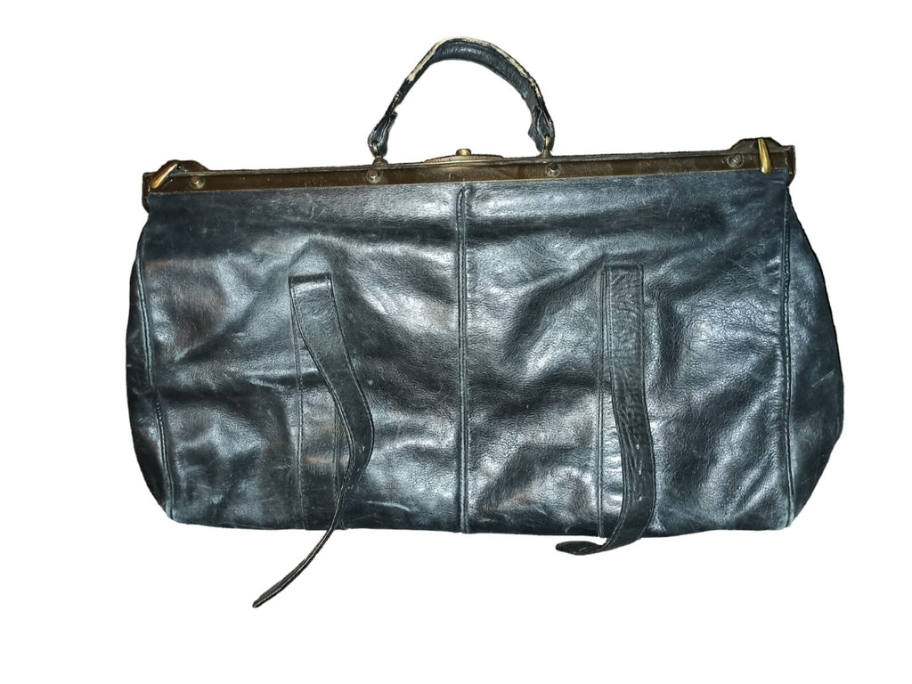 Sac de voyage vintage cuir noir années 60, mallette ancienne, bagage rétro