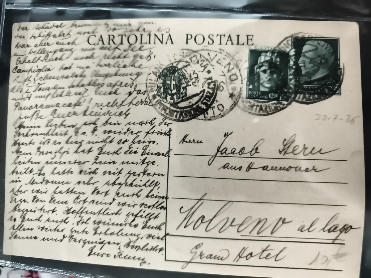 Carte postale ancienne Italie 1936, timbres Mussolini, Solveno lago, philatélie