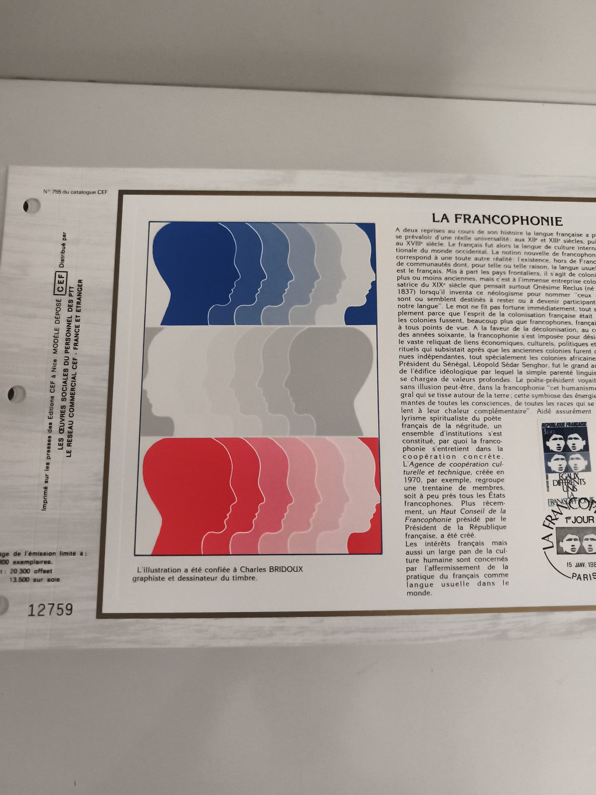 Feuillet philatélique CEF La Francophonie Charles Bridoux timbre illustré