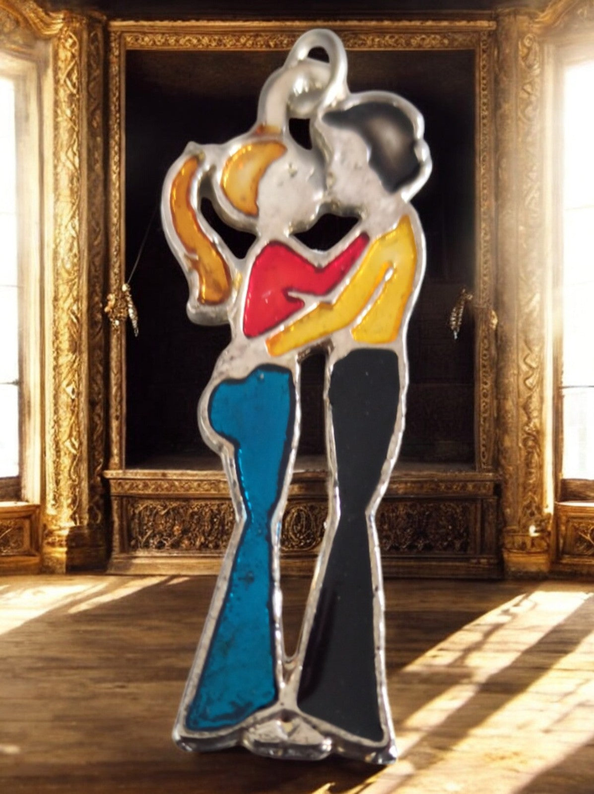 Pendentif vintage années 1970 émaillé couple stylisé rare rétro coloré