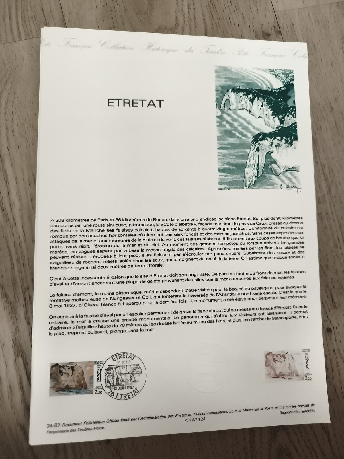 Feuillet philatélique ETRETAT 1987 Premier Jour, Timbre France, Côte d’Albâtre