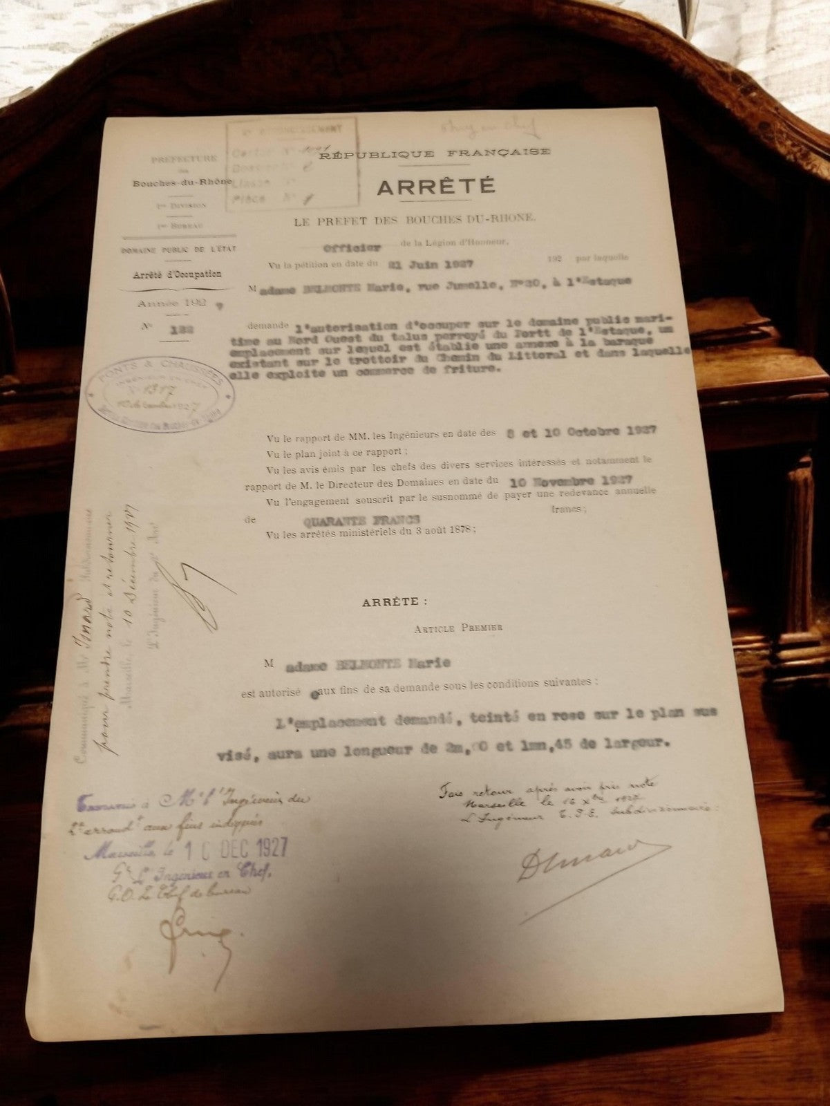Ancien arrêté préfectoral Bouches-du-Rhône Marseille 1927 document vintage