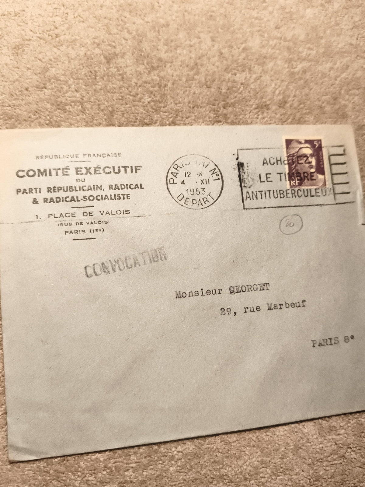 Lettre philatélique 1953 Parti Radical Socialiste Paris timbre oblitéré convocat