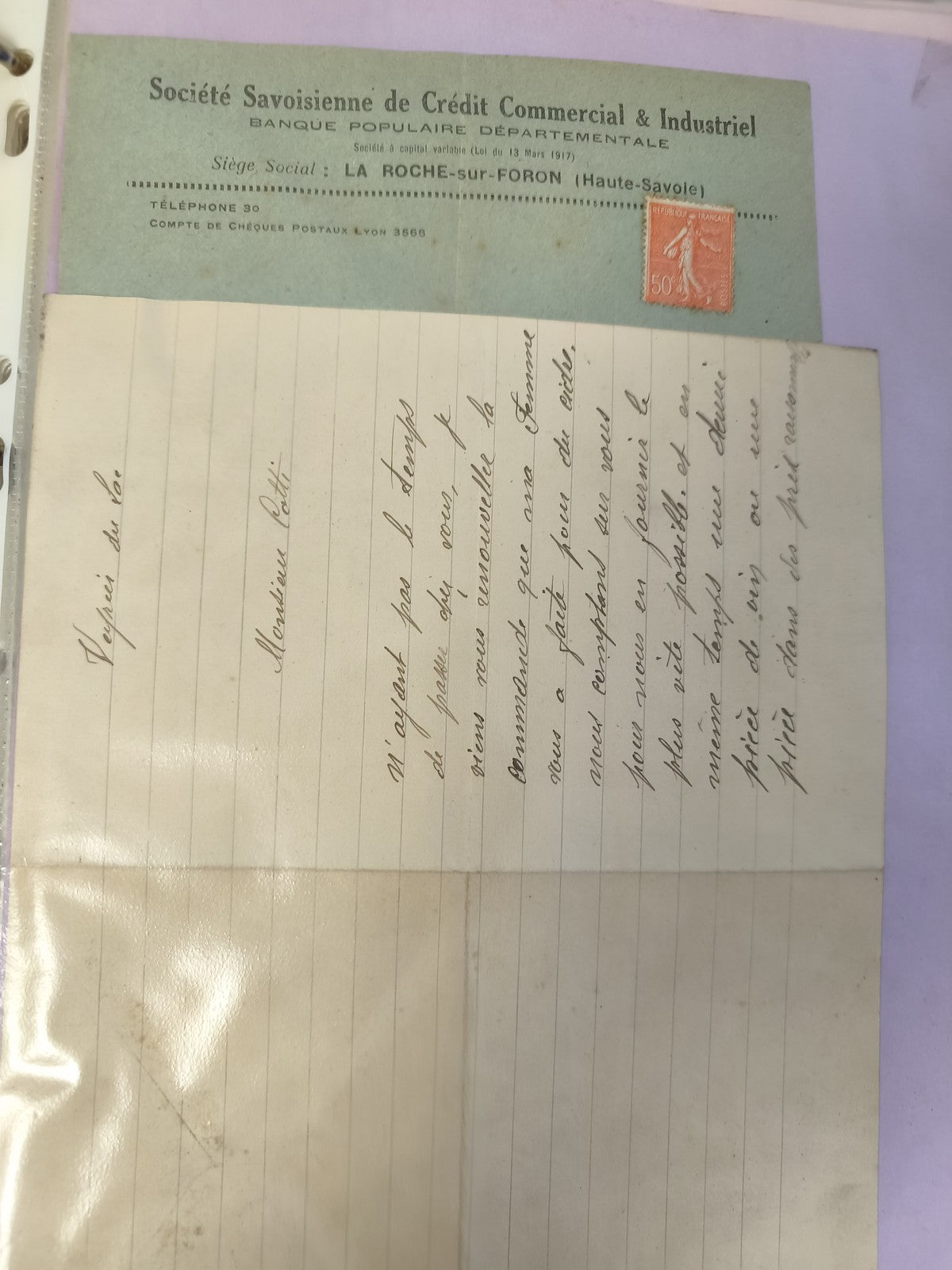 Ancienne enveloppe philatélie Société Savoisienne avec timbre 50c orange