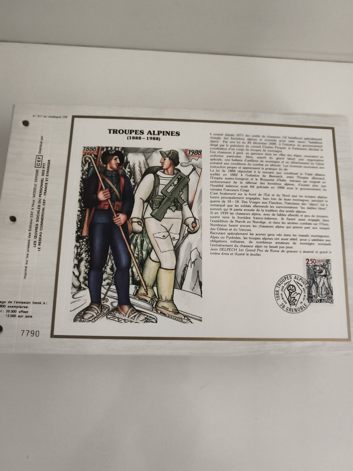 Feuillet CEF Troupes Alpines 1888-1988 philatélie illustré oblitération Grenoble