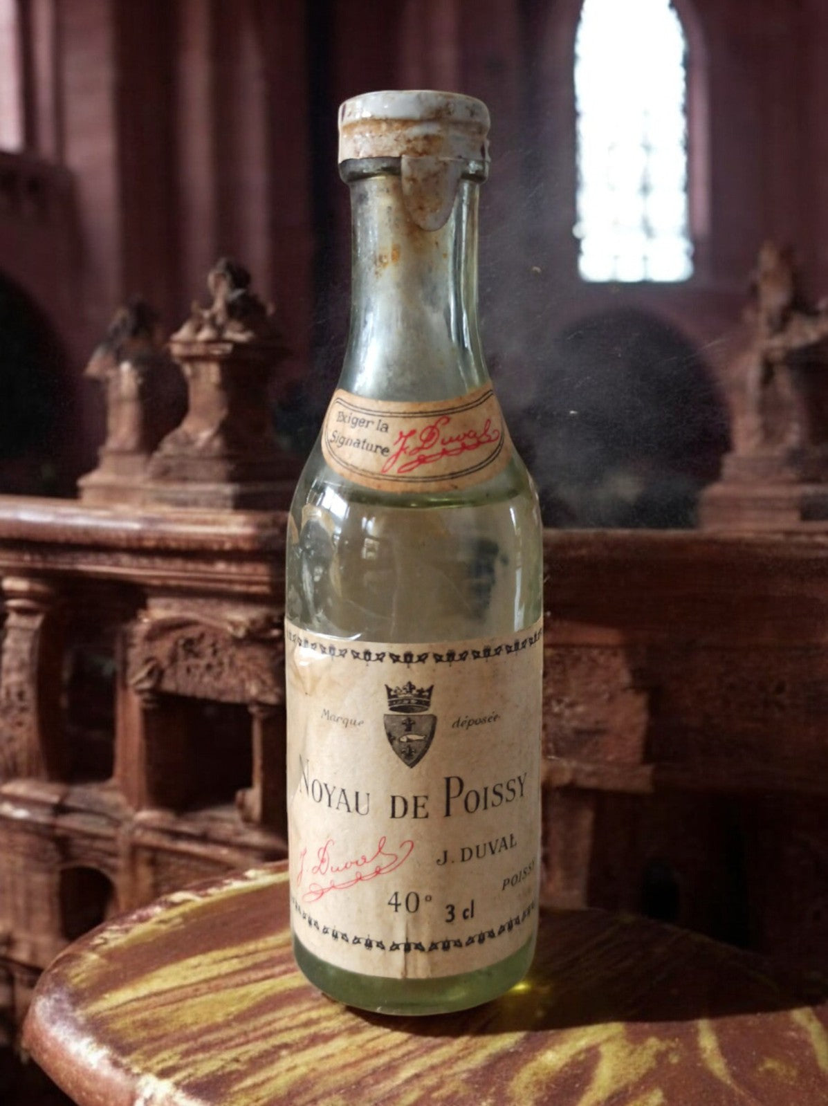 Mignonnette vintage Noyau de Poissy J. Duval 40° ancienne bouteille alcool
