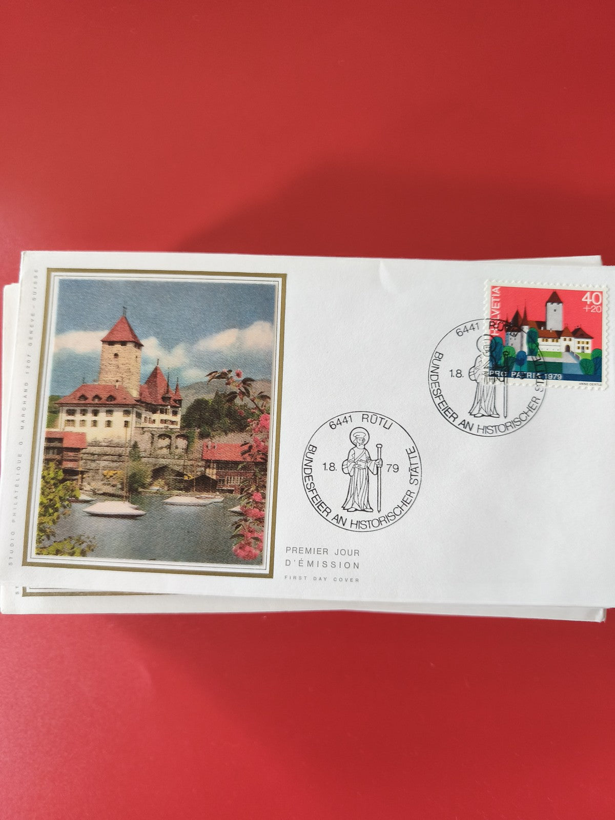 Enveloppe philatélie Premier Jour château suisse timbre 40+20 décor paysage