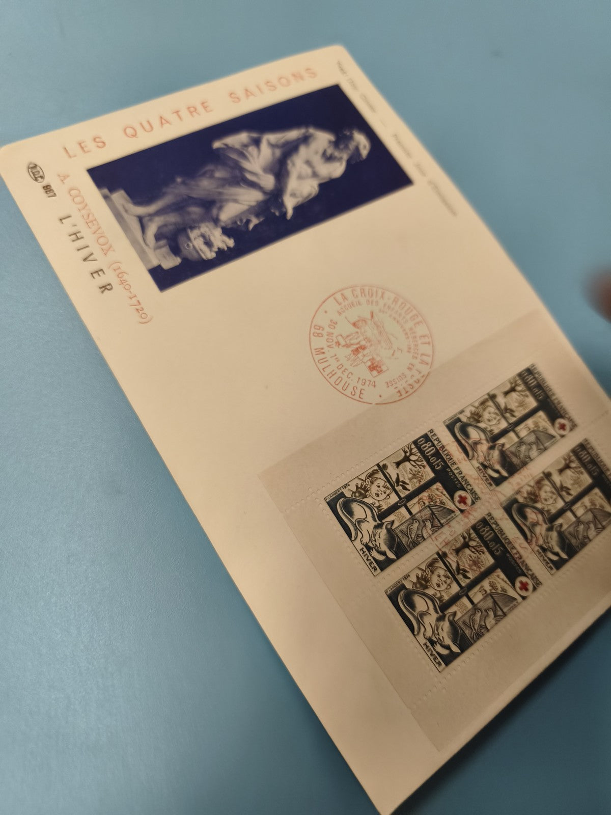 Enveloppe FDC Les Quatre Saisons hiver timbre Croix-Rouge Mulhouse 1974