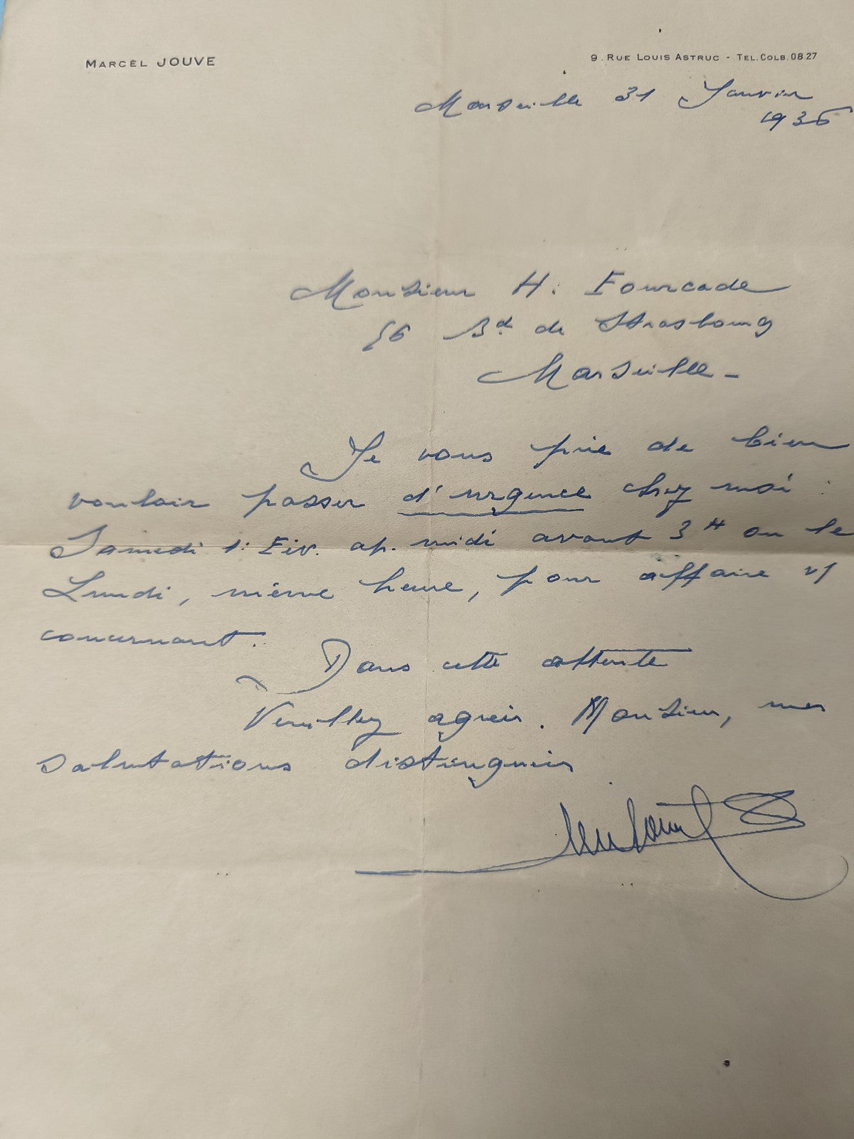 Ancienne enveloppe manuscrite France 1936 vintage, écriture bleue, collection