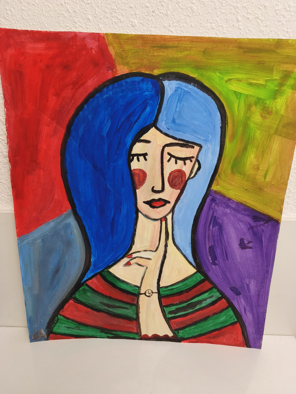 Tableau ancien portrait femme style moderne couleurs vives peinture originale