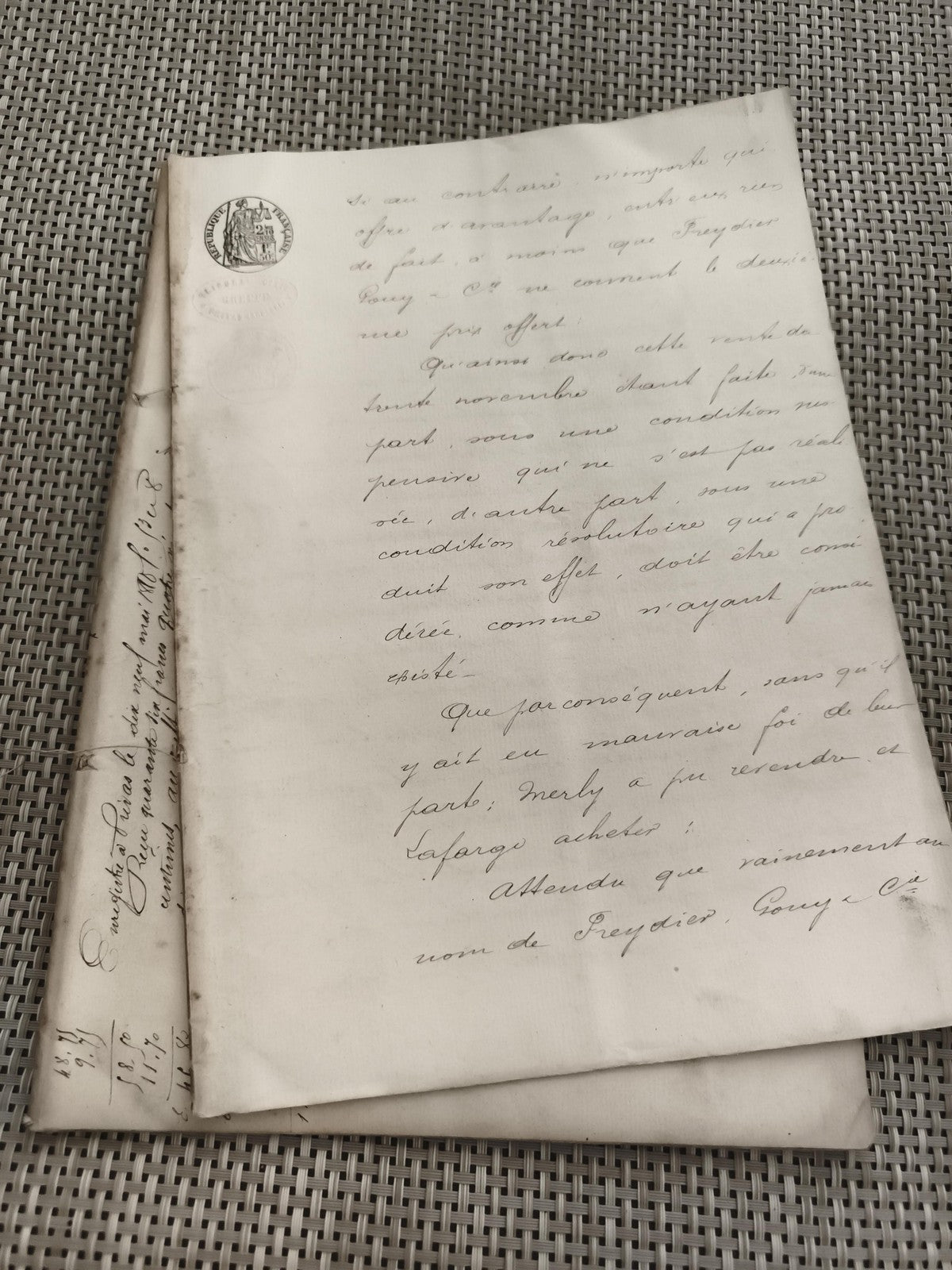 Ancien document manuscrit XIXe sceau encre papier timbré France vintage