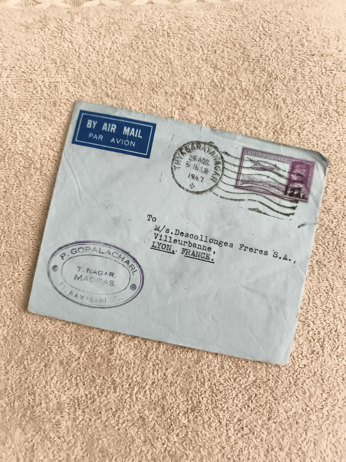 Lettre aérienne Inde 1947 timbre avion cachet Madras Lyon France philatélie