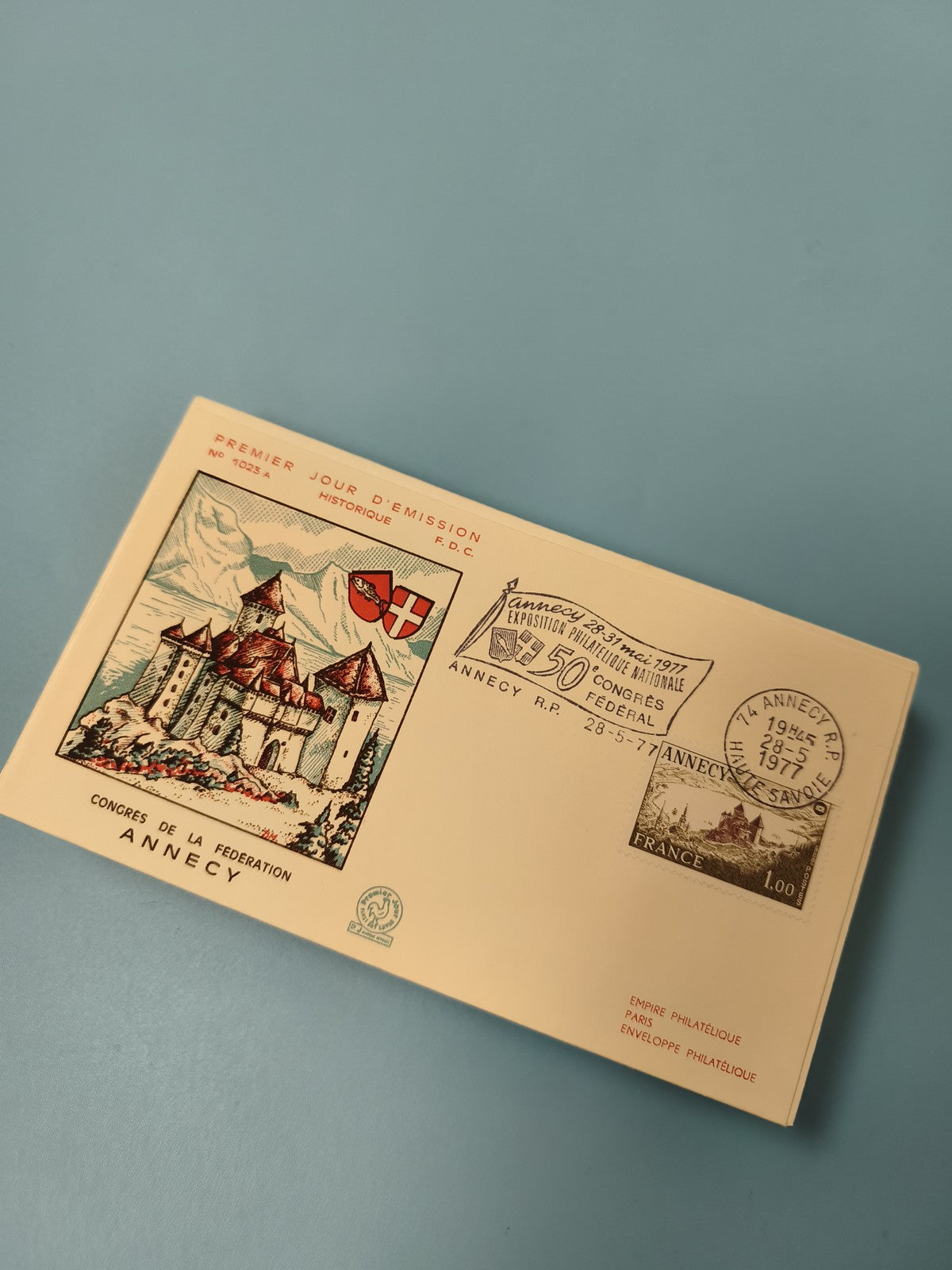 Enveloppe FDC premier jour Annecy, illustration château, timbre France 1977